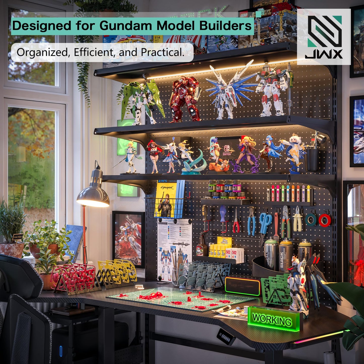 JWX DDB Gaming Pegboard Standing Shelf Units, Modular Pegboard and Shelf System with 15 Pieces Organizer Tool Holders