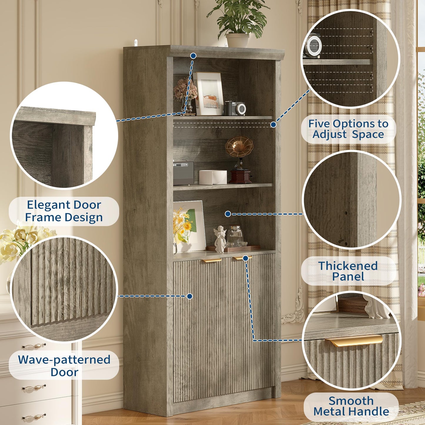 Garvee 71" Tall Bookshelf with Fluted Doors, 5 Tier Bookcase Display Shelves with Storage Cabinet & Adjustable Shelf, Mid-Century Modern Bookshelves for Home Office, Living Room, Grey
