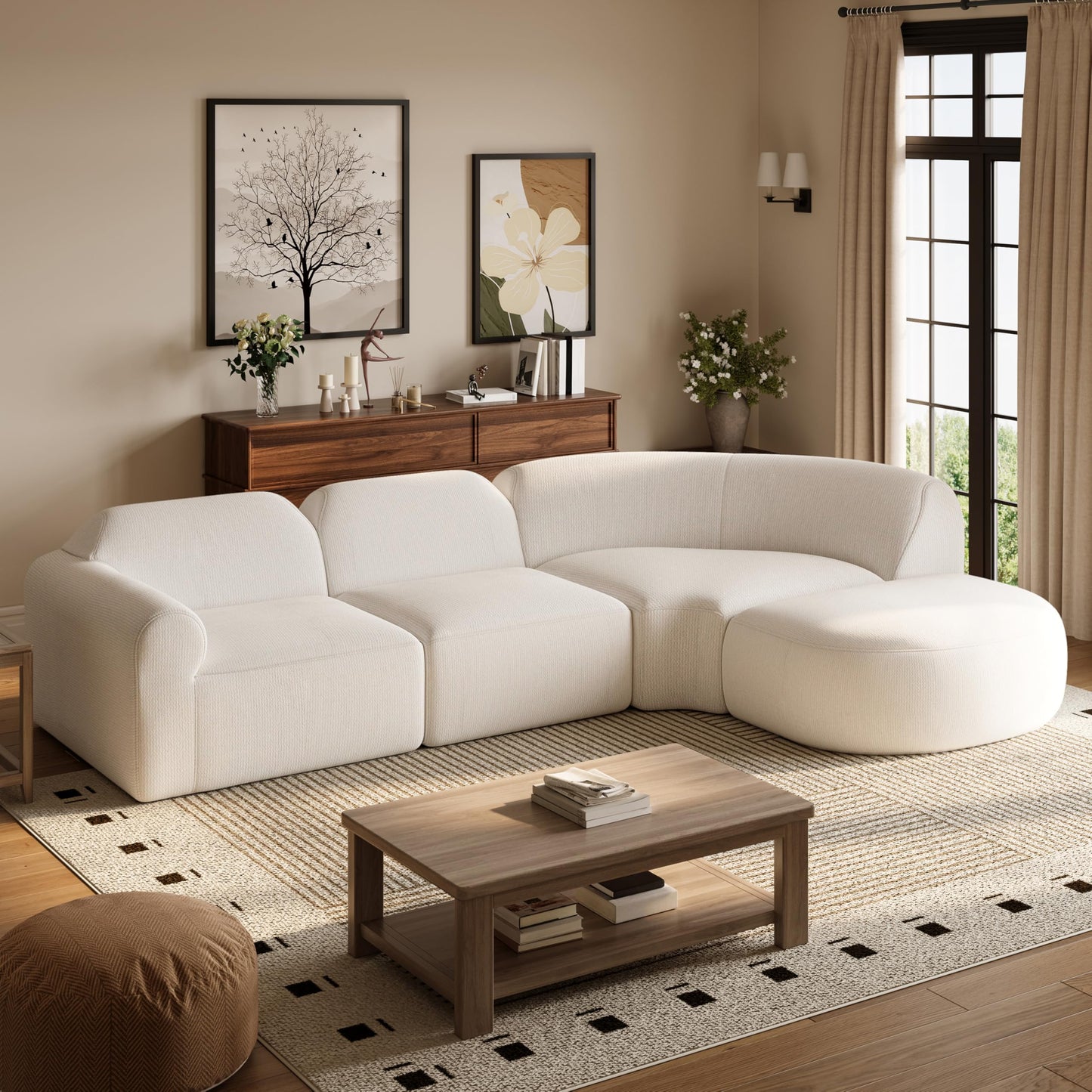 Christopher Knight Home Midel 111" Modular L-Shape Sofa Couch with Chaise Lounge, Modern Boneless Sofa for Living Room, Fabric Upholstered Cloud Couch with Deep Seat, Milky White