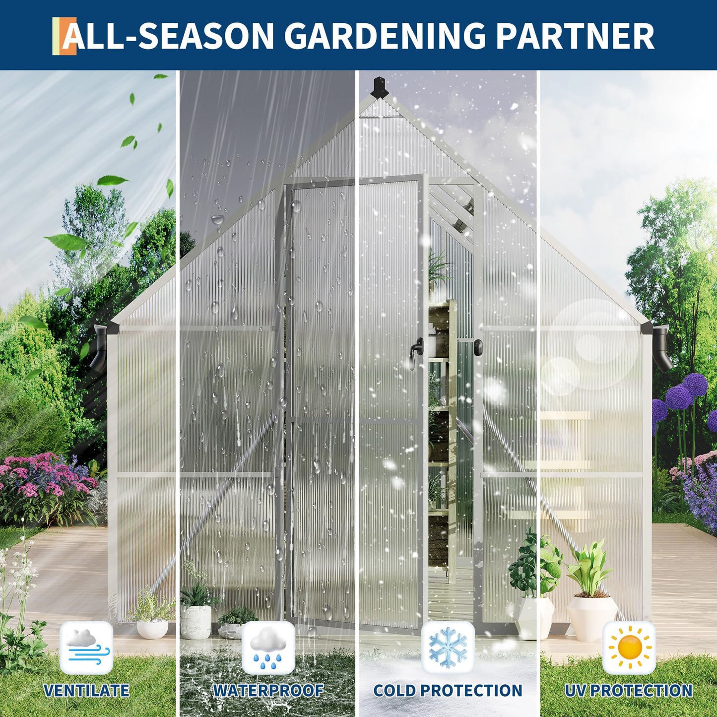 GarveeLife 8X10FT Polycarbonate Greenhouse with Aluminum Frame, Polycarbonate Greenhouse for Outdoors, Greenhouses with Ventilation and Rain Gutter, Aluminum Large Walk-in Greenhouses for Outside