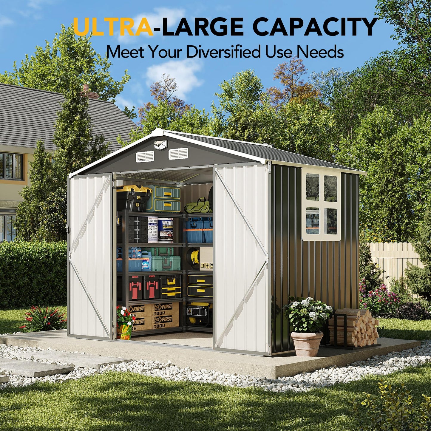 OneBlis 8x6FT Outdoor Storage Shed, Tool Shed with Sloping Roof and Lockable Door, Galvanized Metal Shed for Backyard Garden Patio Lawn, Black