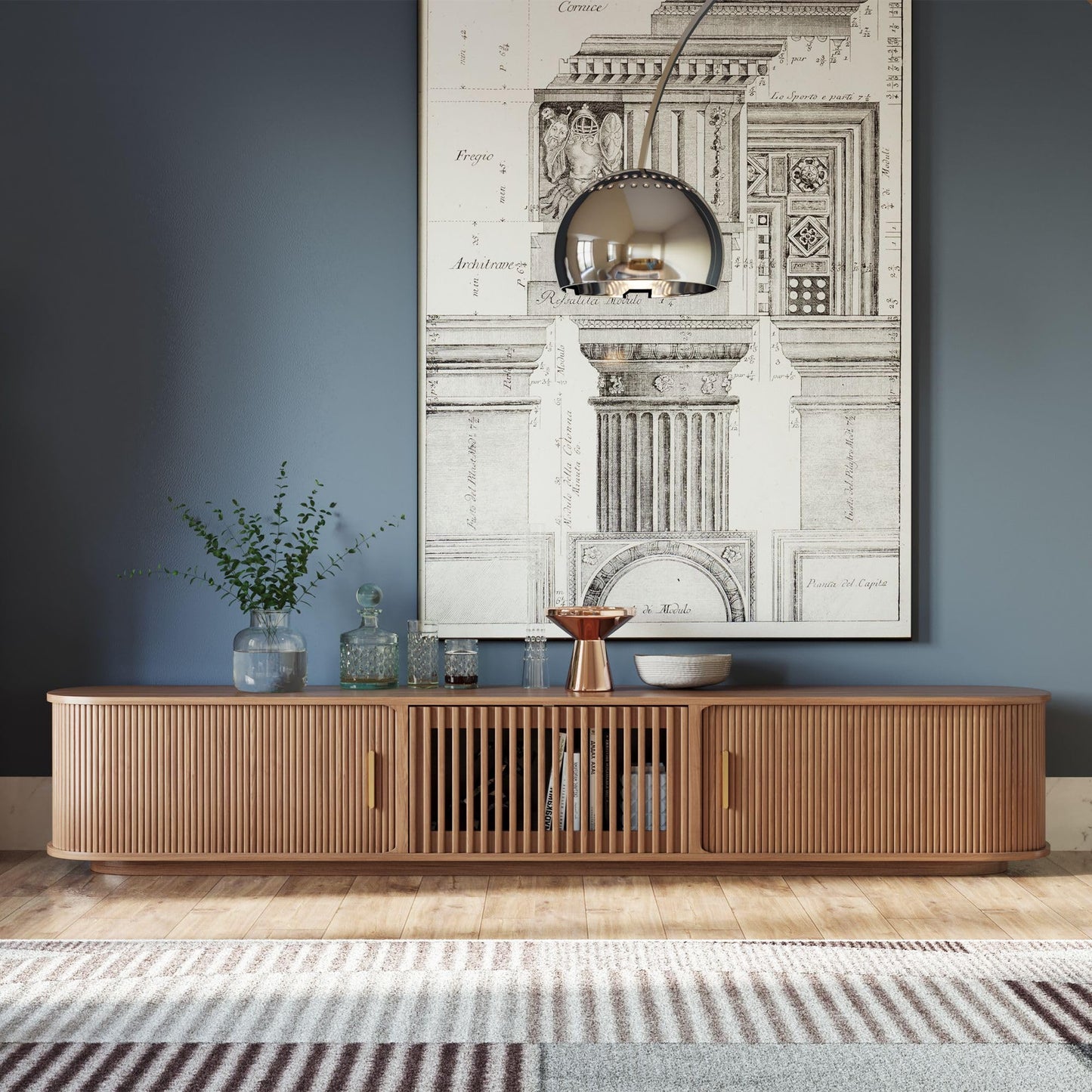 POVISON Fully-Assembled Mid-Century Modern Tambour Door TV Stand, Wood TV Console, Entertainment Center with Storage for 85+ inch TV, Media Console for Living Room