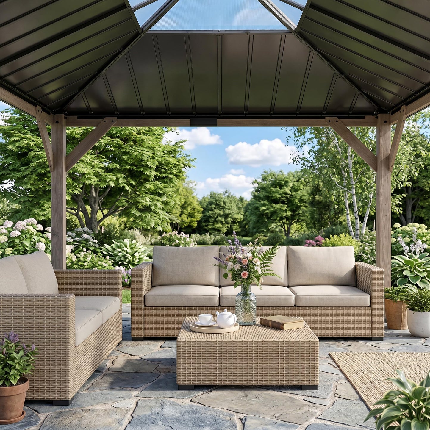 Outsunny 12' x 16' Hardtop Gazebo with Galvanized Steel Roof, Wood Permanent Pavilion Canopy Shelter with Clear Roof Top, UPF50+ Protection, Ceiling Hooks for Lawn, Backyard, Deck, Light Walnut
