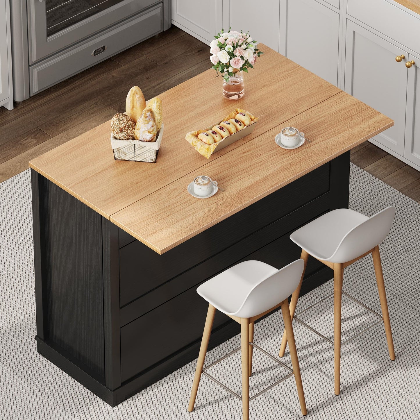 YITAHOME 50 Inch Rolling Kitchen Island with Trash Can Storage, Portable Mobile Islands Table with Drop Leaf, Floating Kitchen Butcher Block Cart on Wheels, Fits 13 Gallon Garbage Bin, Black