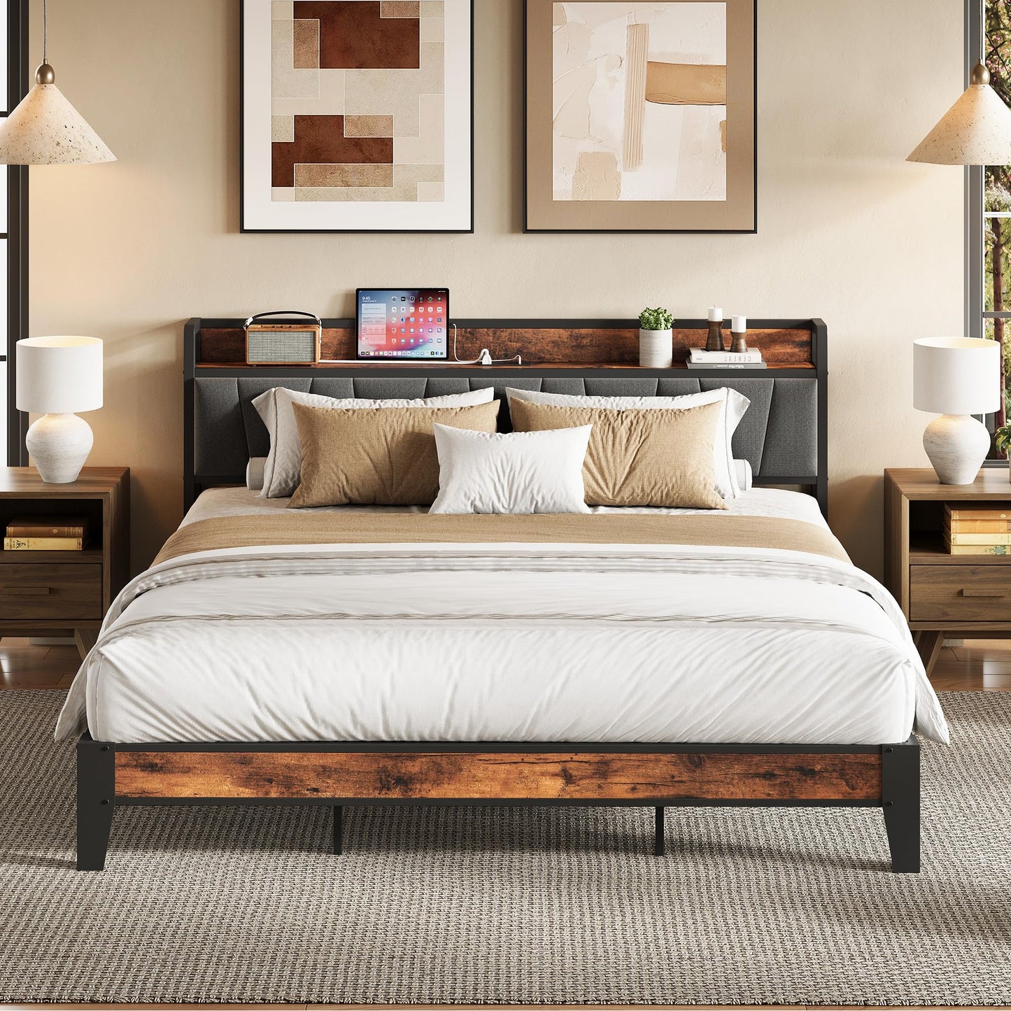 LIKIMIO King Size Bed Frame, Storage Headboard with Charging Station, Solid and Stable, Noise Free, No Box Spring Needed, Easy Assembly