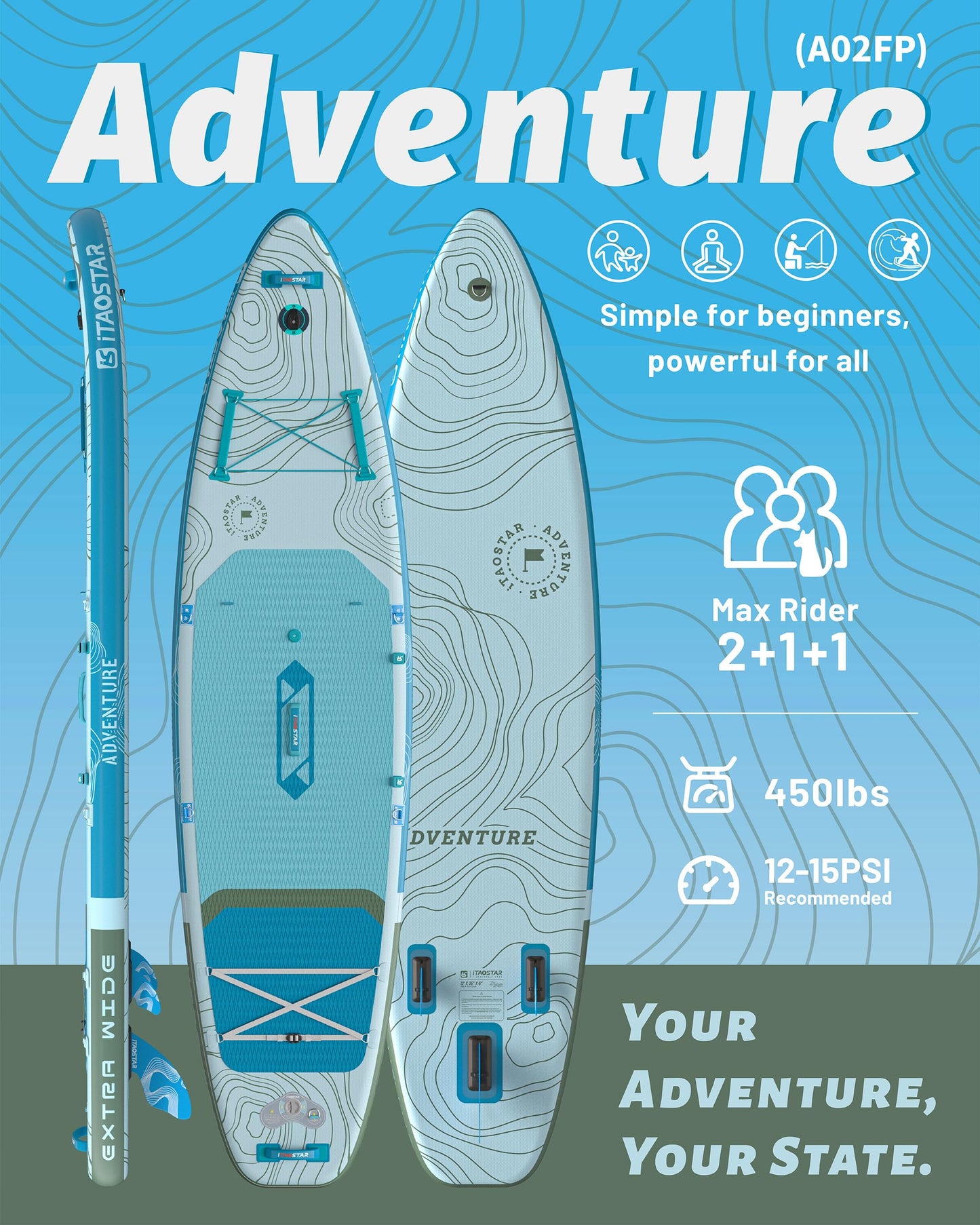 iTAOSTAR Adventure 12' × 35" Inflatable Stand Up Paddle Board with Seat, Extra Wide SUP Board with 5 Fins Stable Design for Familly, Youth, All Skill Levels, Lakes, Oceans & Fishing