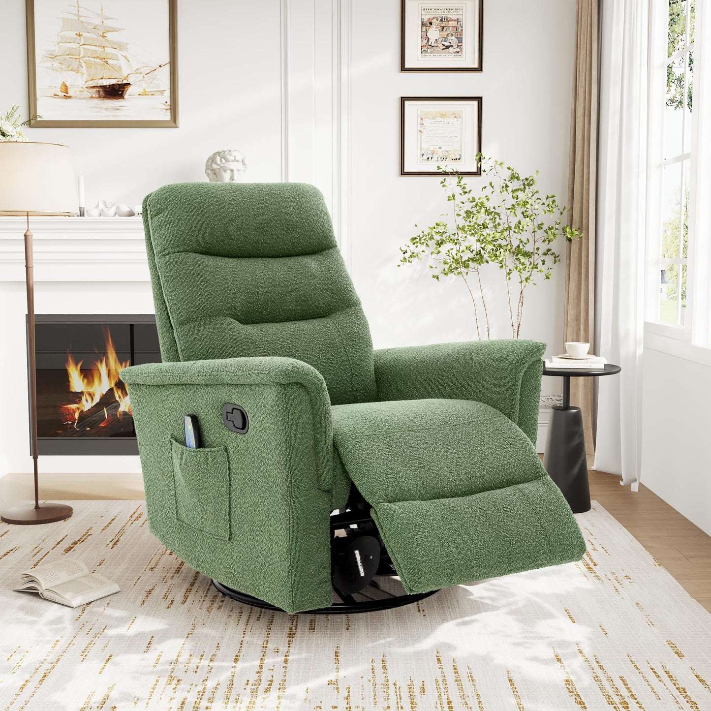 Christopher Knight Home Helen Massage Recliner Chair with 8 Points Function, Boucle Upholstered Recliner Sofa with Two Adjustable Positions, Swivel Massage Chair with a Side Storage Pocket, Green