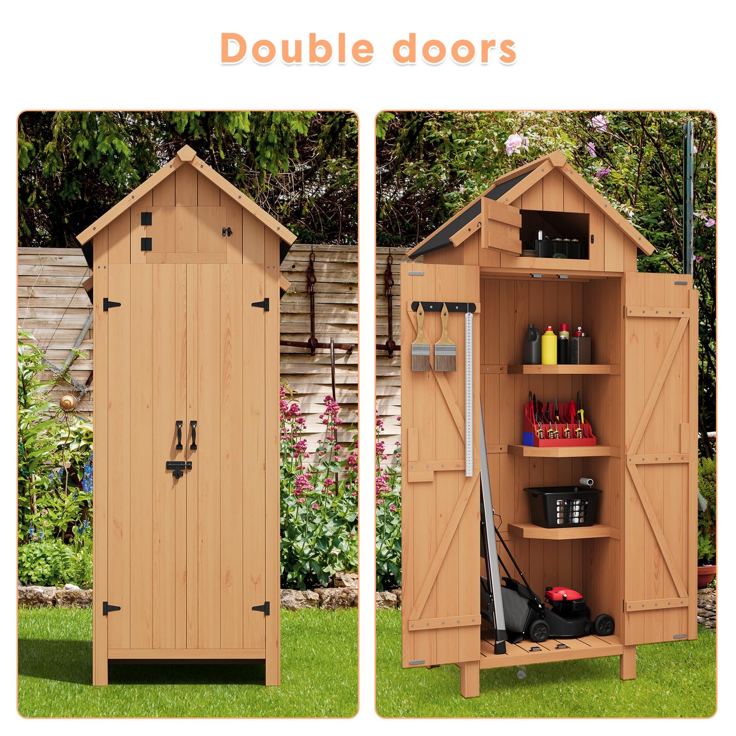 70in Tall Outdoor Storage Shed, Waterproof Wooden Garden Tool Shed with 4 Shelves and Lockable Doors, Vertical Outdoor Storage Cabinet for Patio Yard Lawn