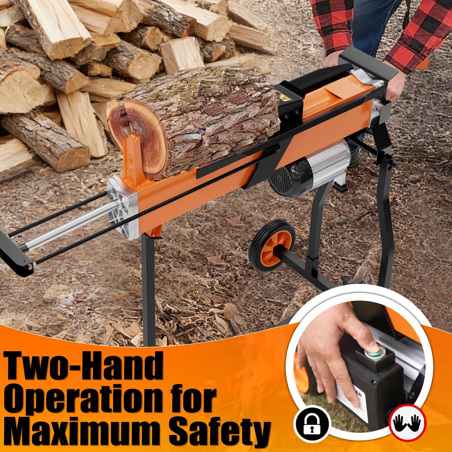 PPOLB 7 Ton Electric Wood Splitter, 15Amp Hydraulic Log Splitter with Stand, Portable Electric Log Splitter for Firewood, Compact Horizontal Wood Splitter for Backyard, Garage, Cabin - Orange