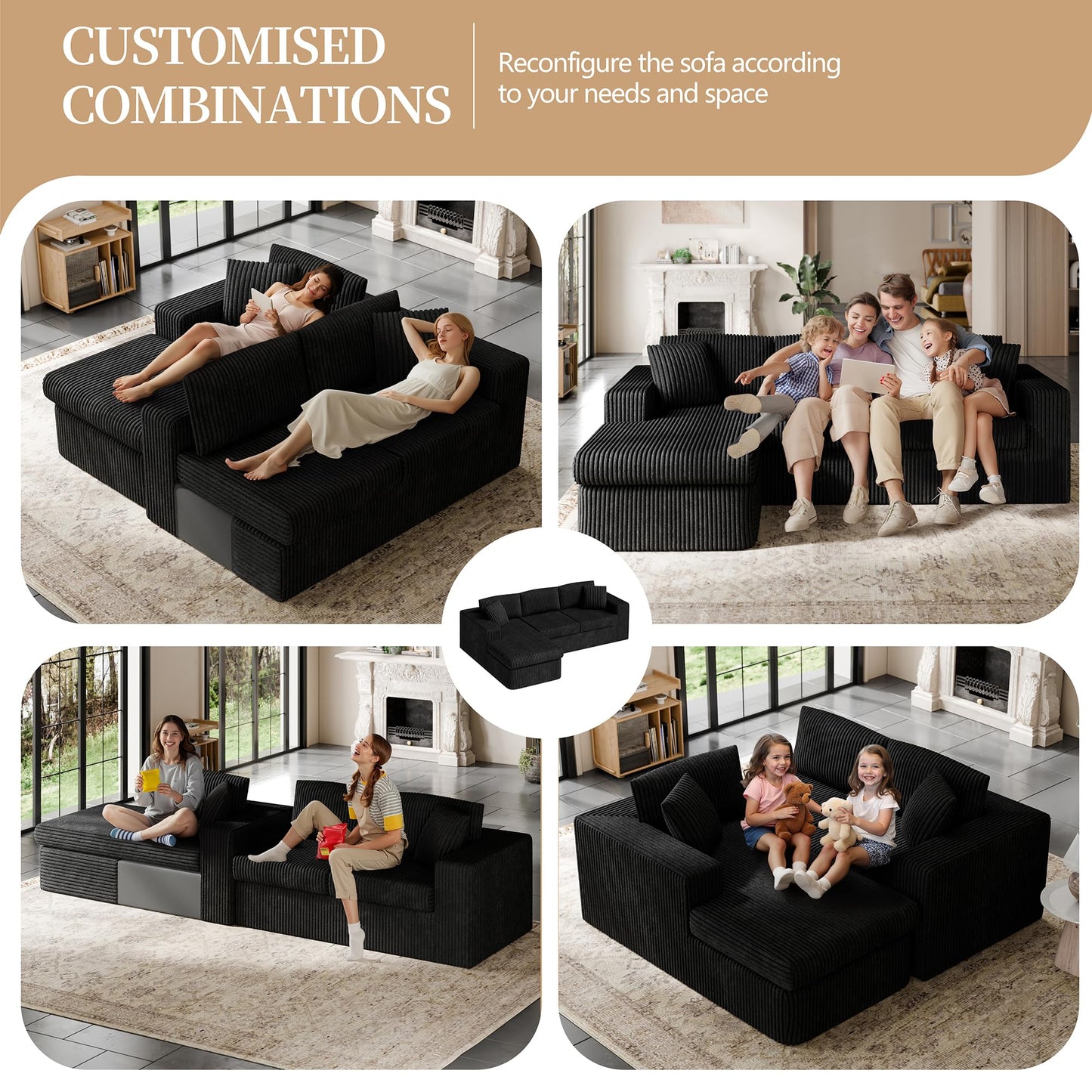 Vongrasig 105" Boneless Couches for Living Room, Sectional Couches Modular Sofa with L-Shaped Chaise, Memory Foam Comfy Cloud Couch with Plush Corduroy Fabric, No Assembly Required, Black