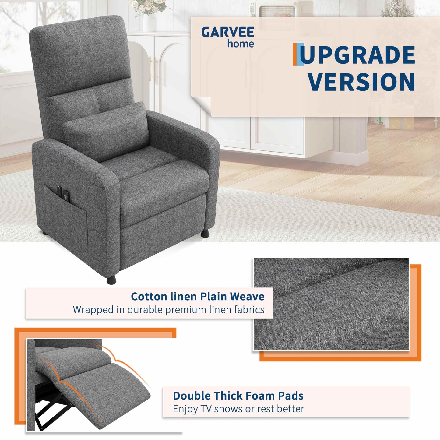 Garvee Power Recliner Chair, Adjustable Electric Recliner Ergonomic Overstuffed Single Sofa, Padded Seat, Side Pockets and USB Port, Home Theater Seating for Living Room