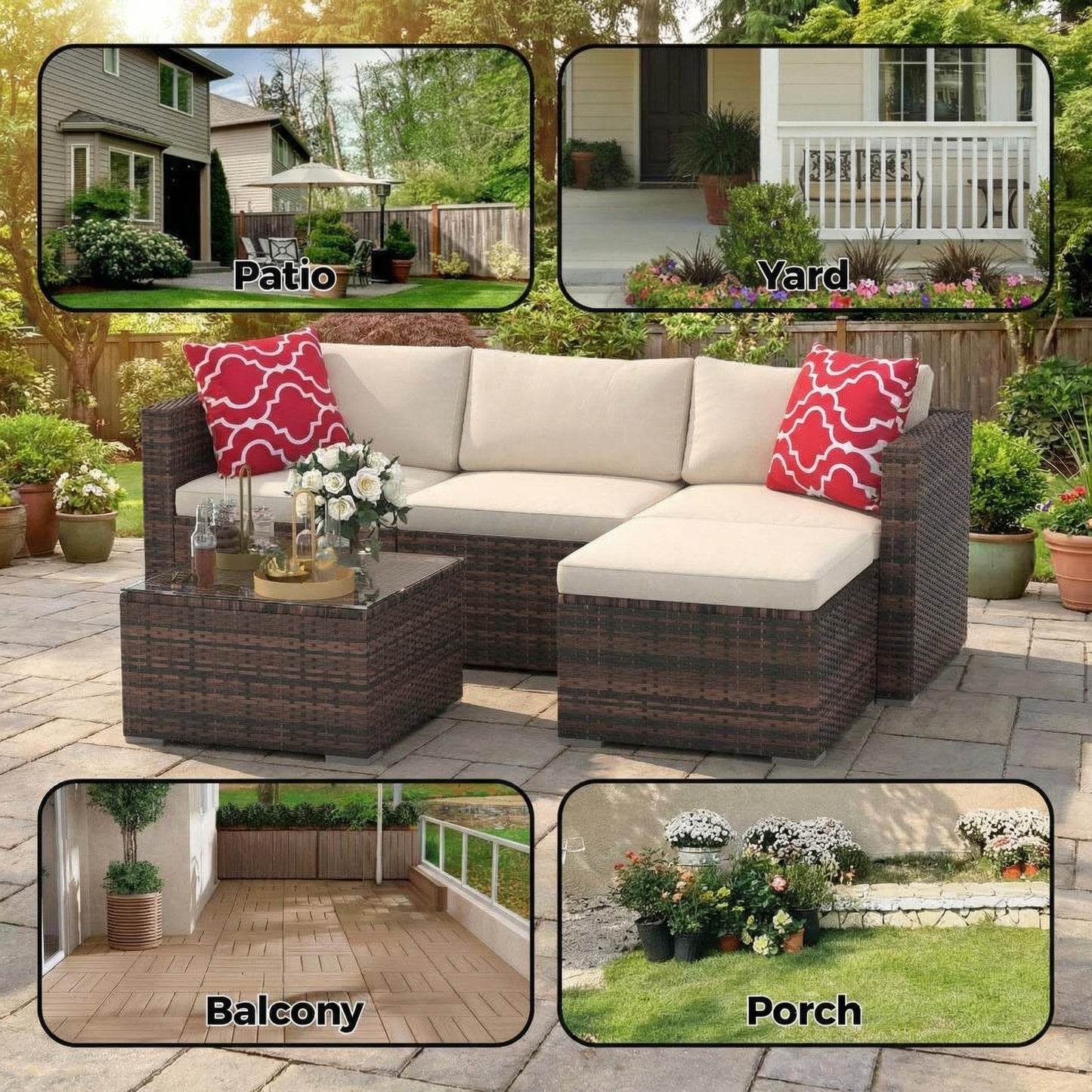 5-Piece L-Shaped Outdoor Patio Furniture Set, PE Wicker Sectional Sofa Set with Cushions and Tempered Glass Table, Steel Frame Conversation Set for Backyard & Poolside – Brown Wicker / Beige Cushions