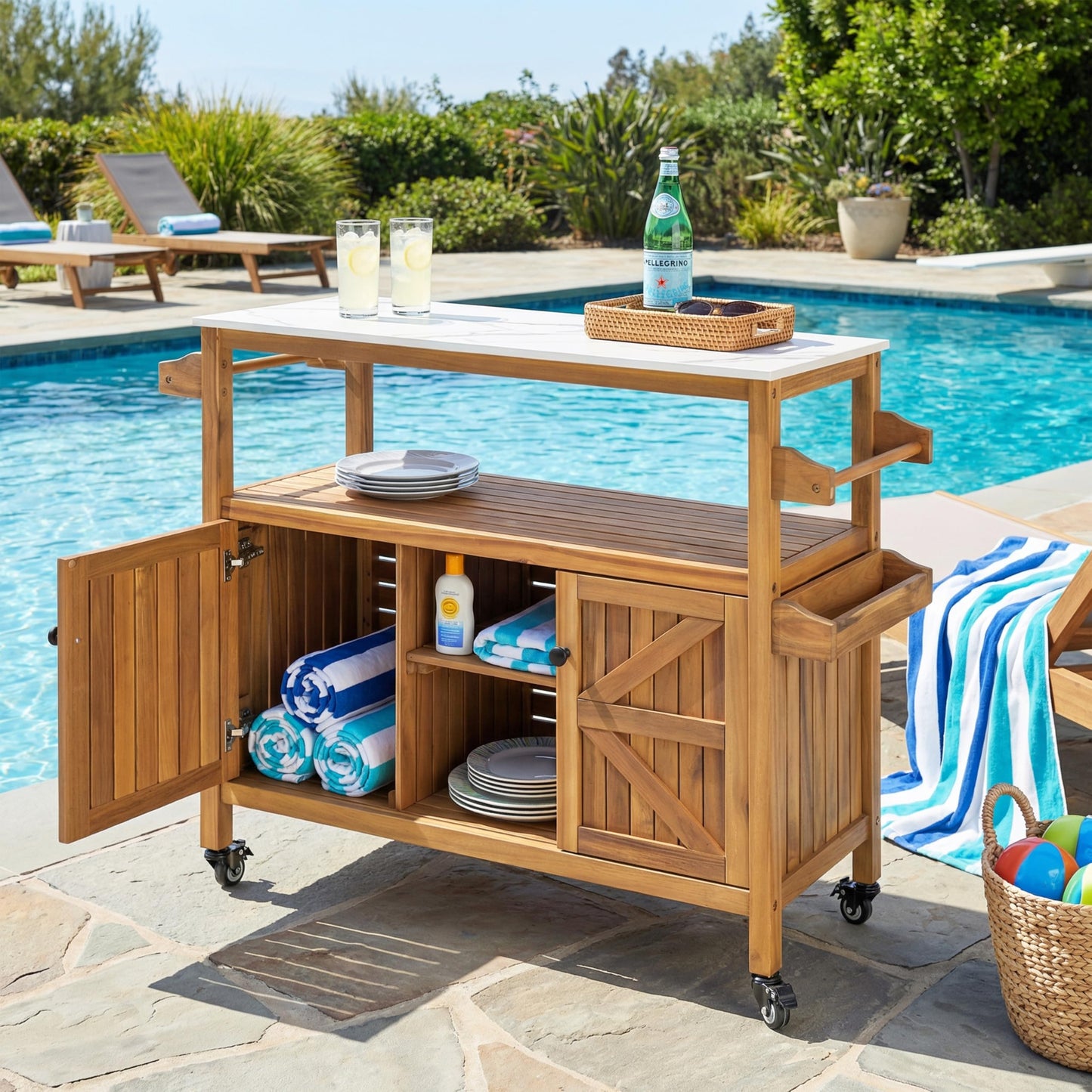 Christopher Knight Home Shina Outdoor Bar Cart with Marble-Effect Top + Lockable Wheels, Acacia Wood Outdoor Storage Cabinet with Open Shelves and 2 Doors, Kitchen Island Serving Cart, Natural