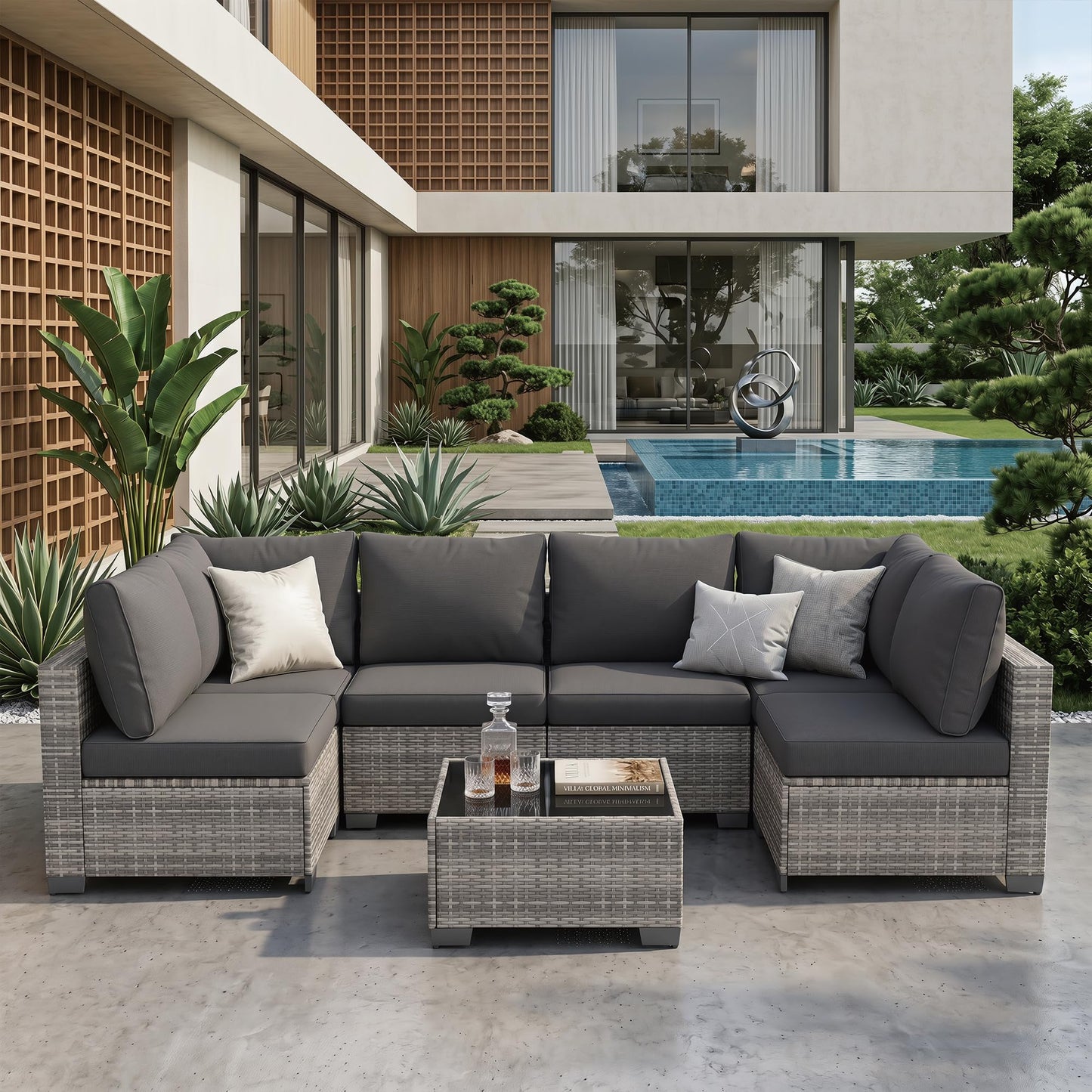 Kamsly 7 Piece Outdoor Patio Furniture Sets, Modular Wicker Sectional Sofa, Patio Conversation Sets with Glass Coffee Table for Backyard, Porch, Garden, Poolside (Grey PE Rattan + Dark Grey Cushions)