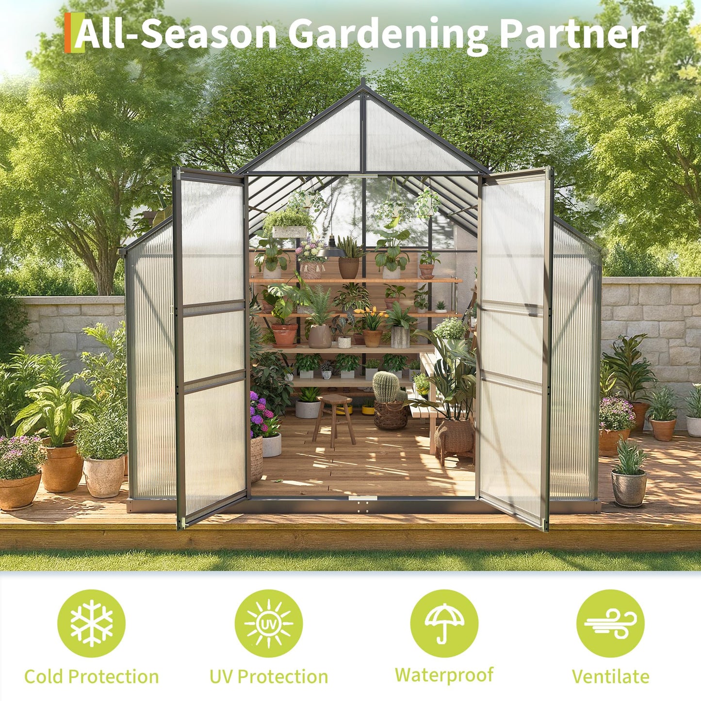 Garvee 8x12 FT Outdoor Greenhouse - Quick Setup Structure, Polycarbonate with Lockable Door, 2 Roof Vents, Aluminum Walk-in Heavy Duty, Perfect for Garden Backyard