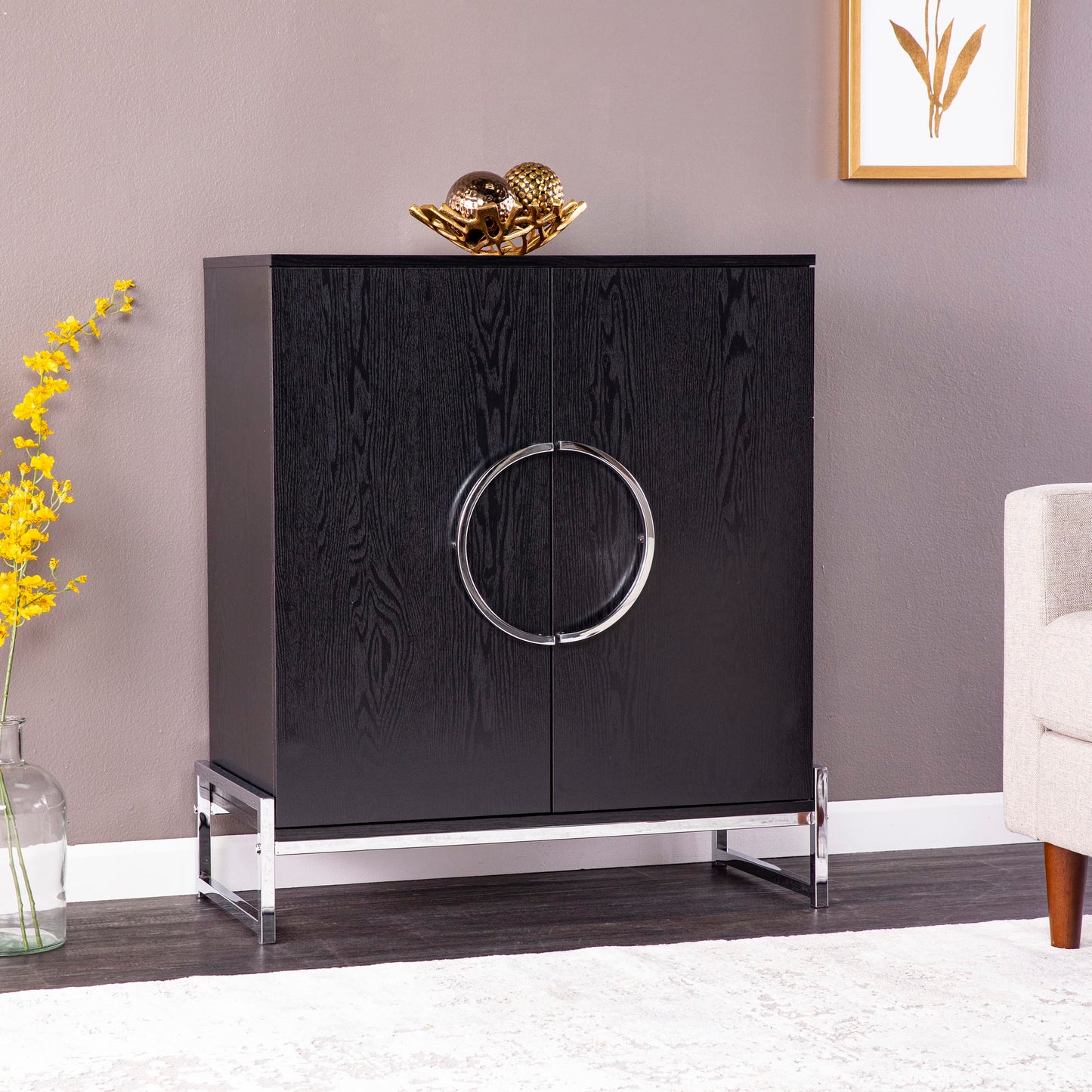 SEI Furniture - Pierton Double-Door Bar Cabinet - Transitional Design, Black Iron and Wood - Ideal for Living Room, Home Bar (HZ1216741)
