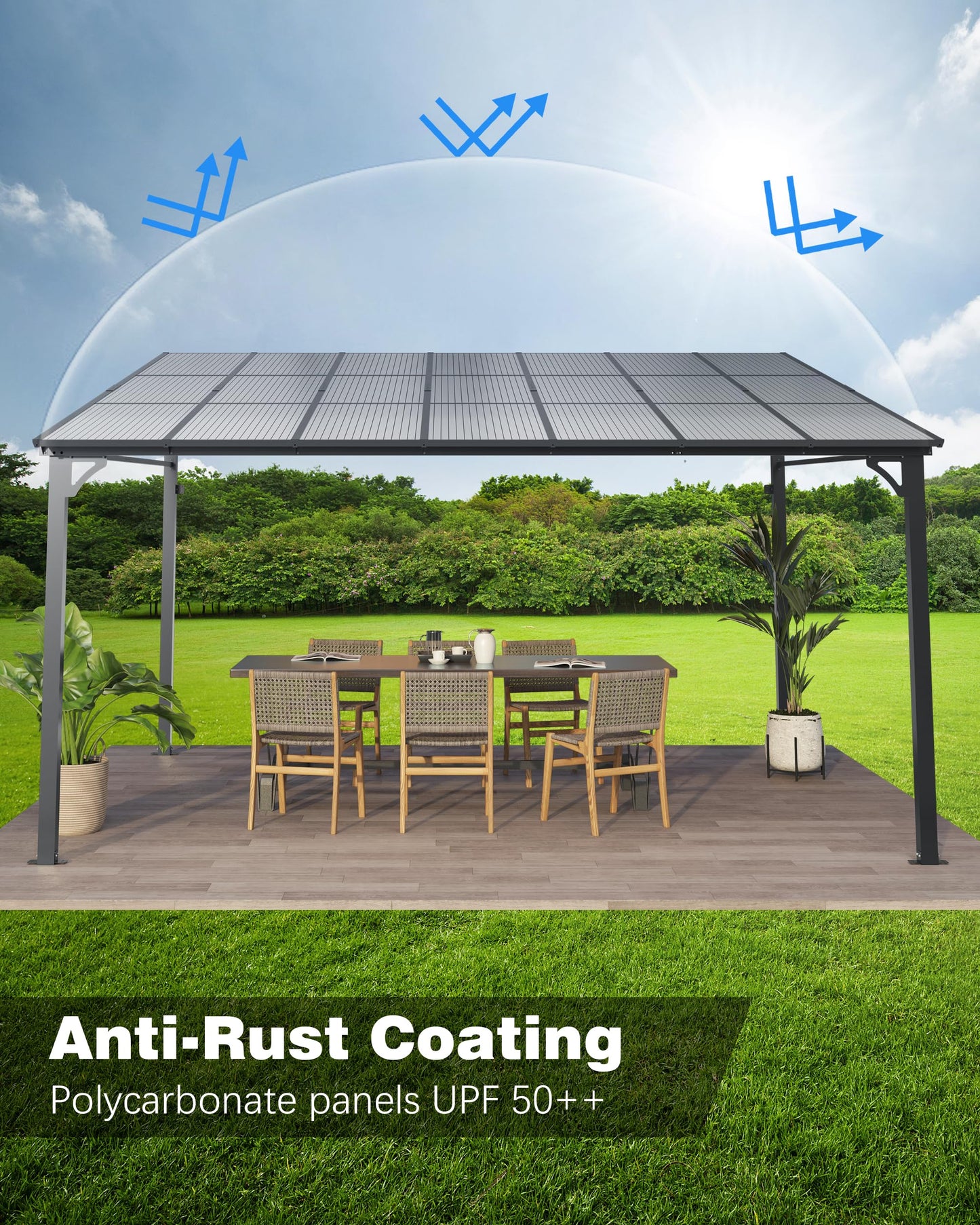 GarveeLife 10 ft x 12 ft Lean to Gazebo, Hardtop Wall Pergola with Polycarbonate Roof, Aluminum Frame Mounted Gazebo for Lawn Patio Deck Yard and Party