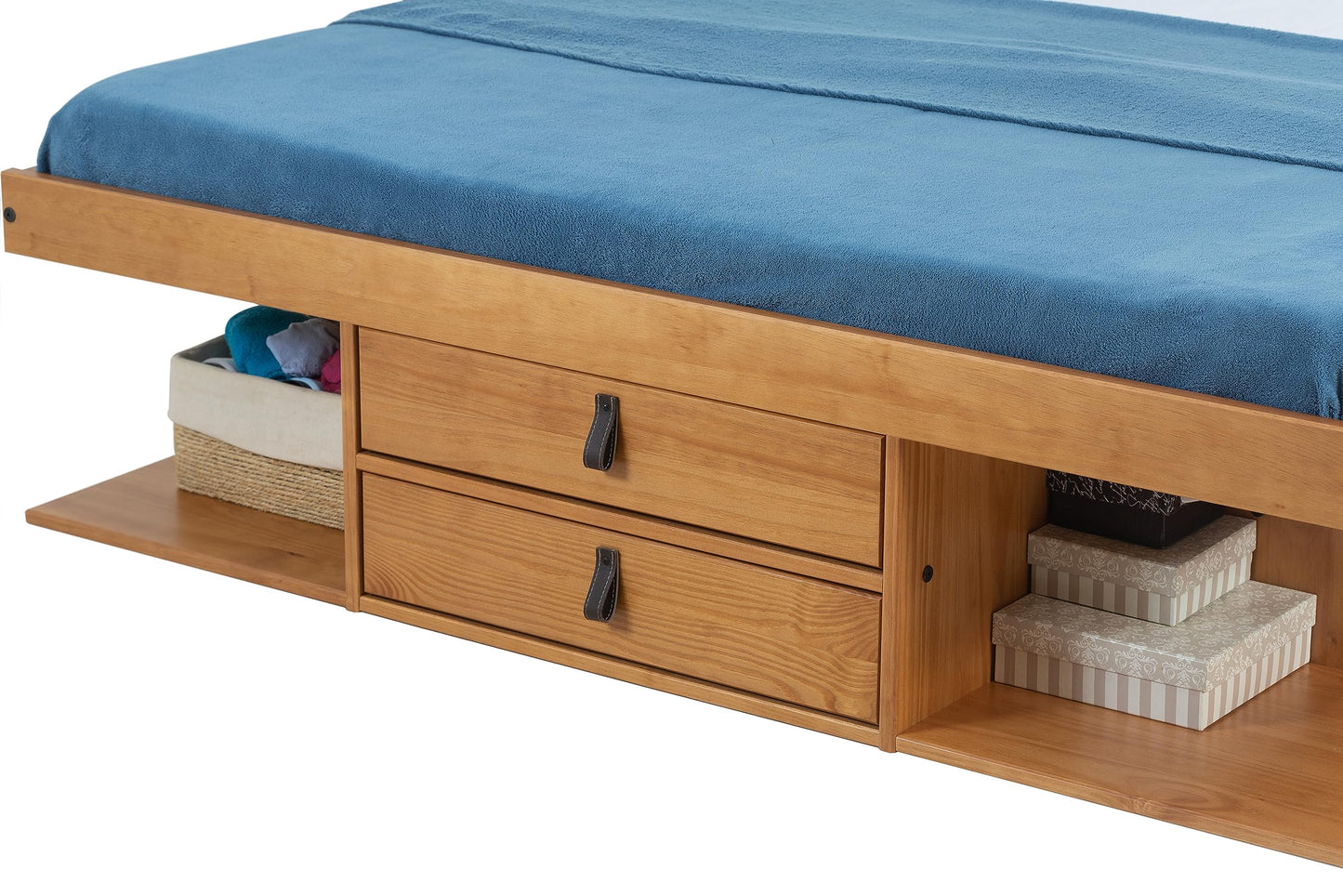 memomad Bali Full Size Storage Platform Bed with 6 Drawers, 6 Shelves, 2 Door Cabinets, 2 Pullout Nightstands, Solid Pine Wood Bed Frame with Underbed Storage, No Box Spring Needed, Oak Brown
