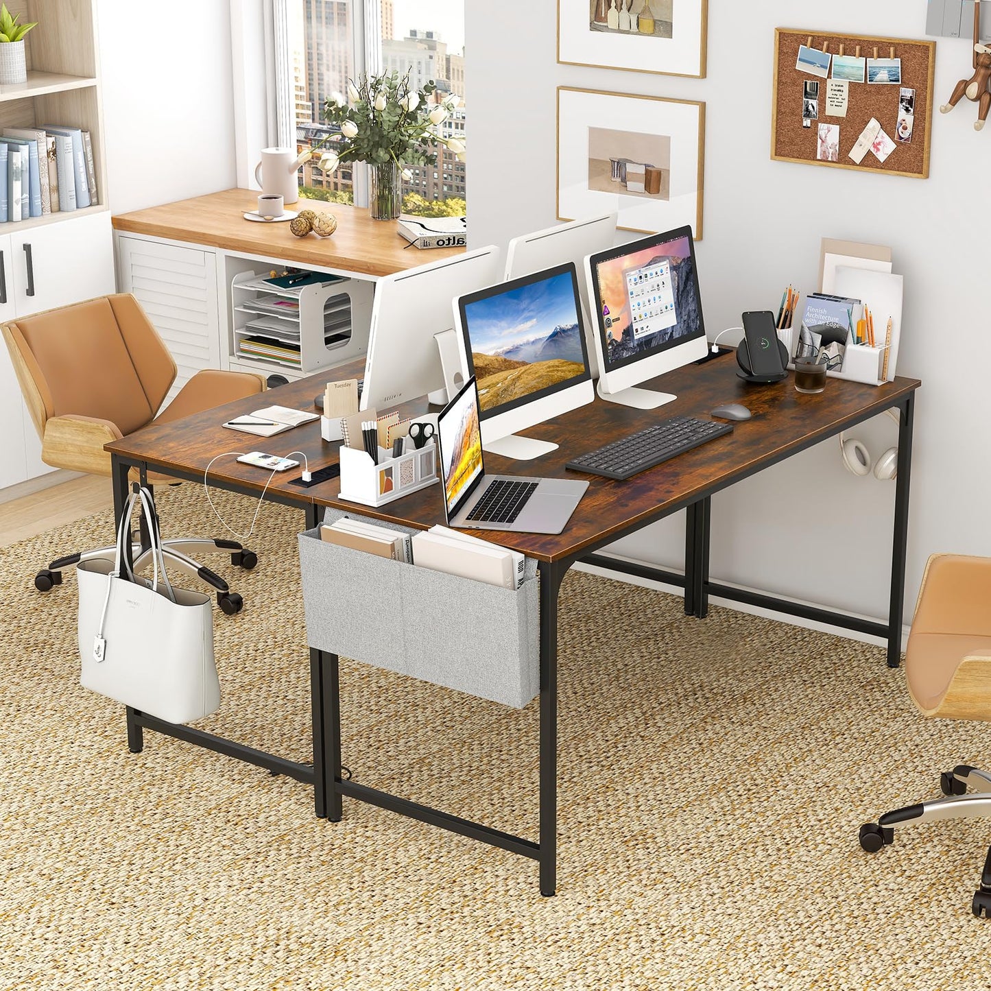Giantex 10 FT Conference Table with Charging Station, 2 PCS 60" x 24" Rectangular Large Meeting Room Desk with Storage Bag & Hook, Space Saving Seminar Table, Modern Office Computer Desk for 4 People