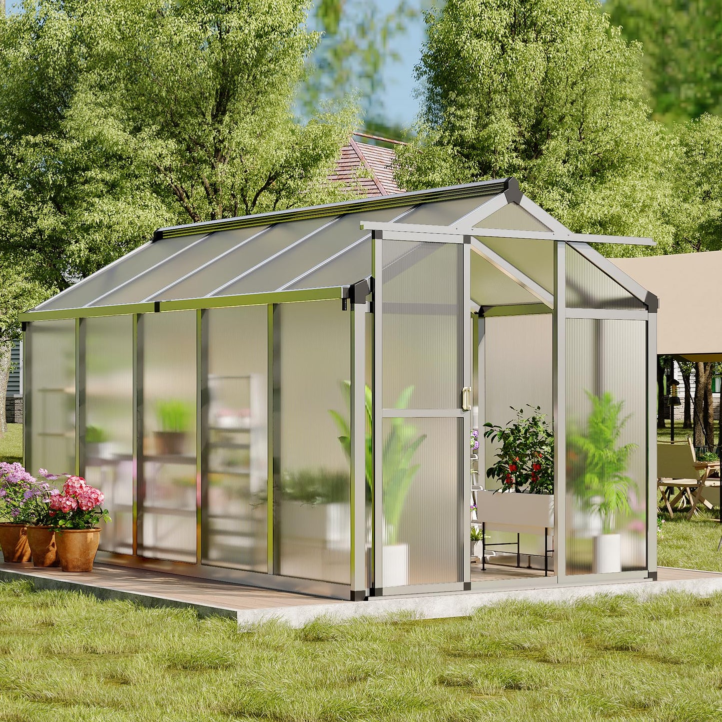 Greenhouse, 6x10 Ft Outdoor Greenhouses, Accessible Green House with Roof Vents and Sliding Doors, Aluminum Frame Polycarbonate Greenhouses, Large Greenhouse for Outdoor Gardens and Backyards, Silver