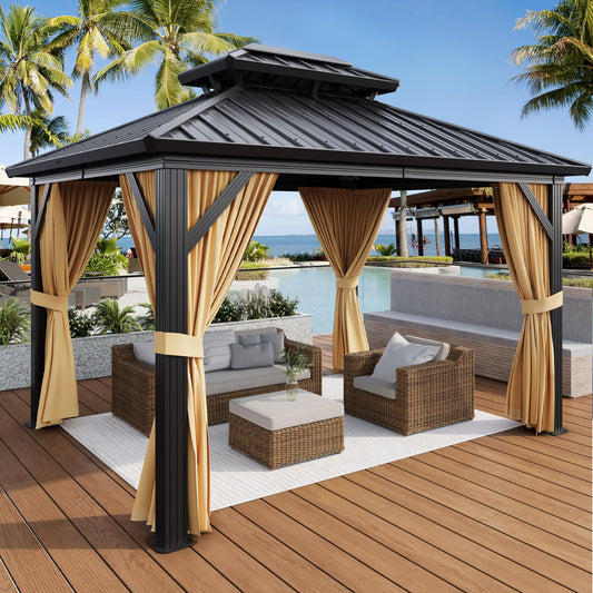 10x12FT Hardtop Gazebo, Heavy-Duty Aluminum Frame Canopy with Galvanized Steel Double Roof, Outdoor Pergola with Mosquito Netting & Waterproof Curtains for Patio, Backyard, Deck & Lawn