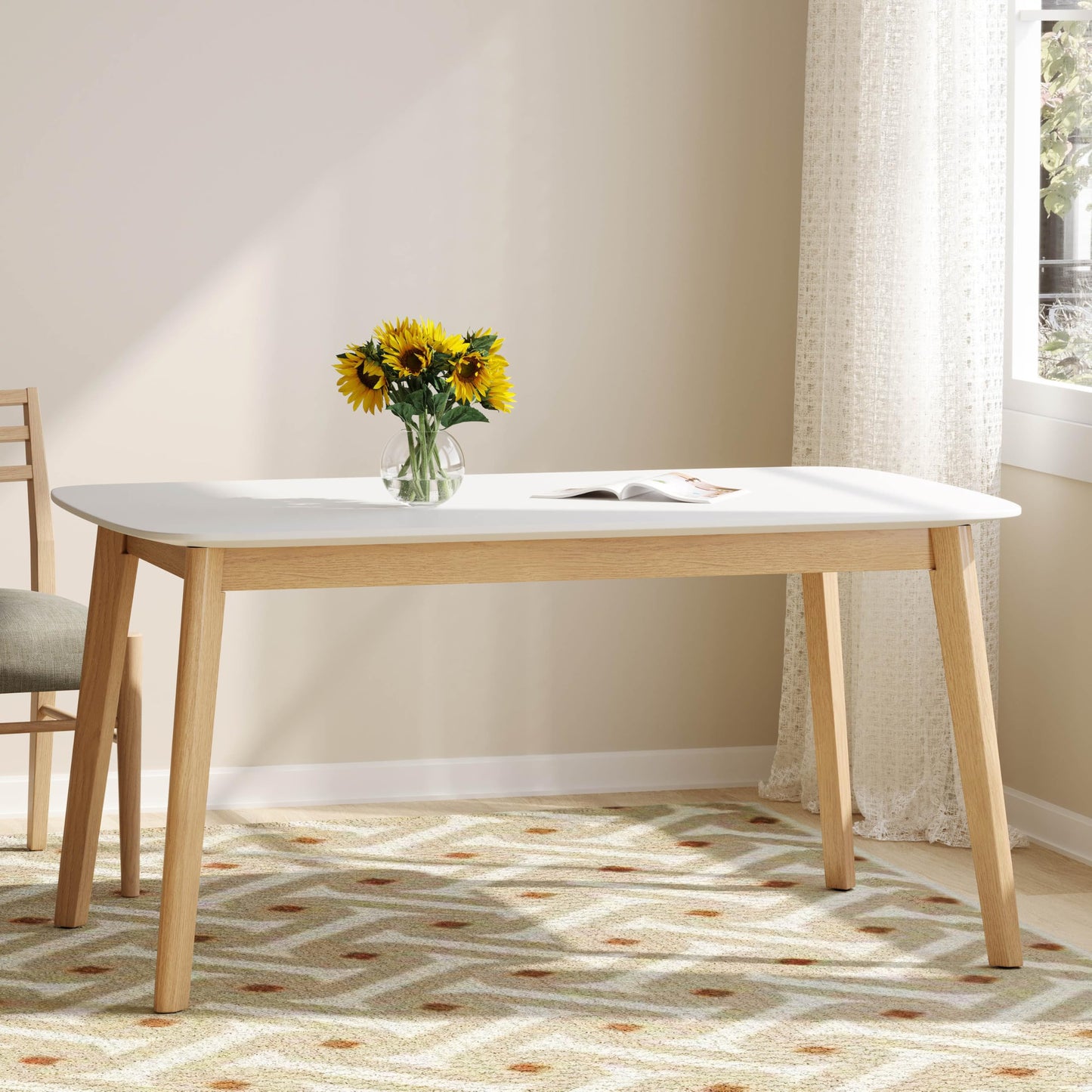 59" Dining Table, Solid Wood Kitchen Desk for Dining Room, Rectangular, Farmhouse Natural Oak with White Top, Quick Assembly