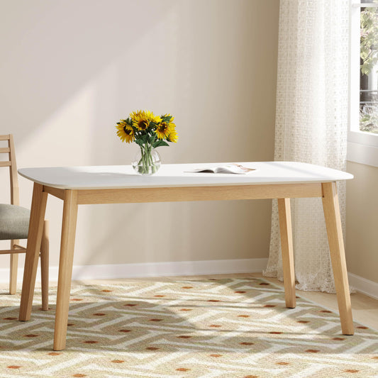 59" Dining Table, Solid Wood Kitchen Desk for Dining Room, Rectangular, Farmhouse Natural Oak with White Top, Quick Assembly