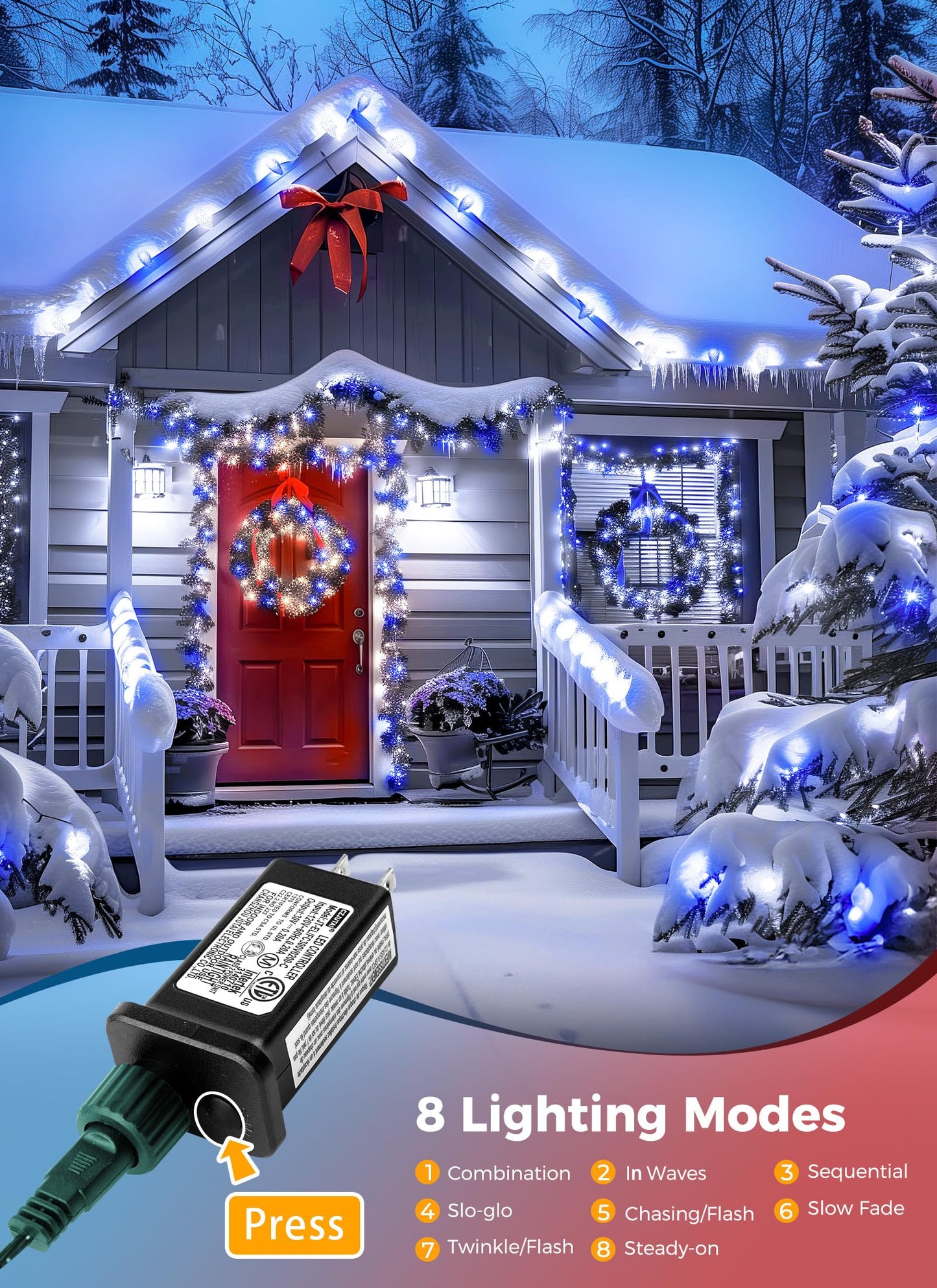 Minetom C9 LED String Lights, 100 LED, 81 Feet, Waterproof, 8 Modes, 2 Pack, Blue & Pure White