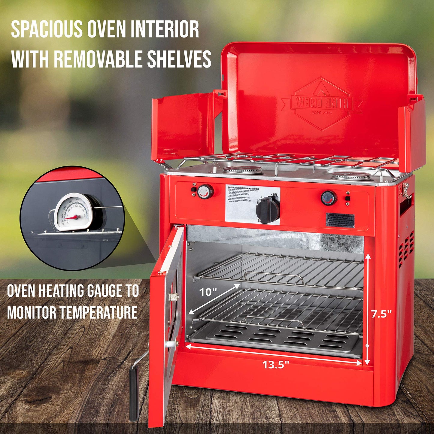 Hike Crew Outdoor Gas Camping Oven w/Carry Bag | CSA Approved Portable Propane-Powered 2-Burner Stove & Oven | Auto Ignition, Overheat Safety Shutoff, Built-In Thermometer | Hose & Regulator Included