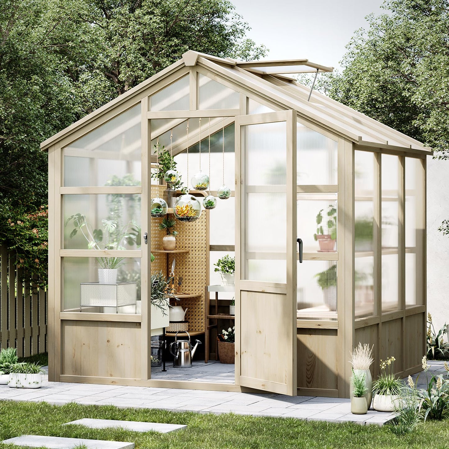 Garvee 8x6 ft Wooden Greenhouse, Greenhouses for Outdoors with Lockable Door, Wood Frame & Adjustable Vent, Heavy Duty Greenhouse with Polycarbonate Panel for Outside, Garden, Yard, Light Brown