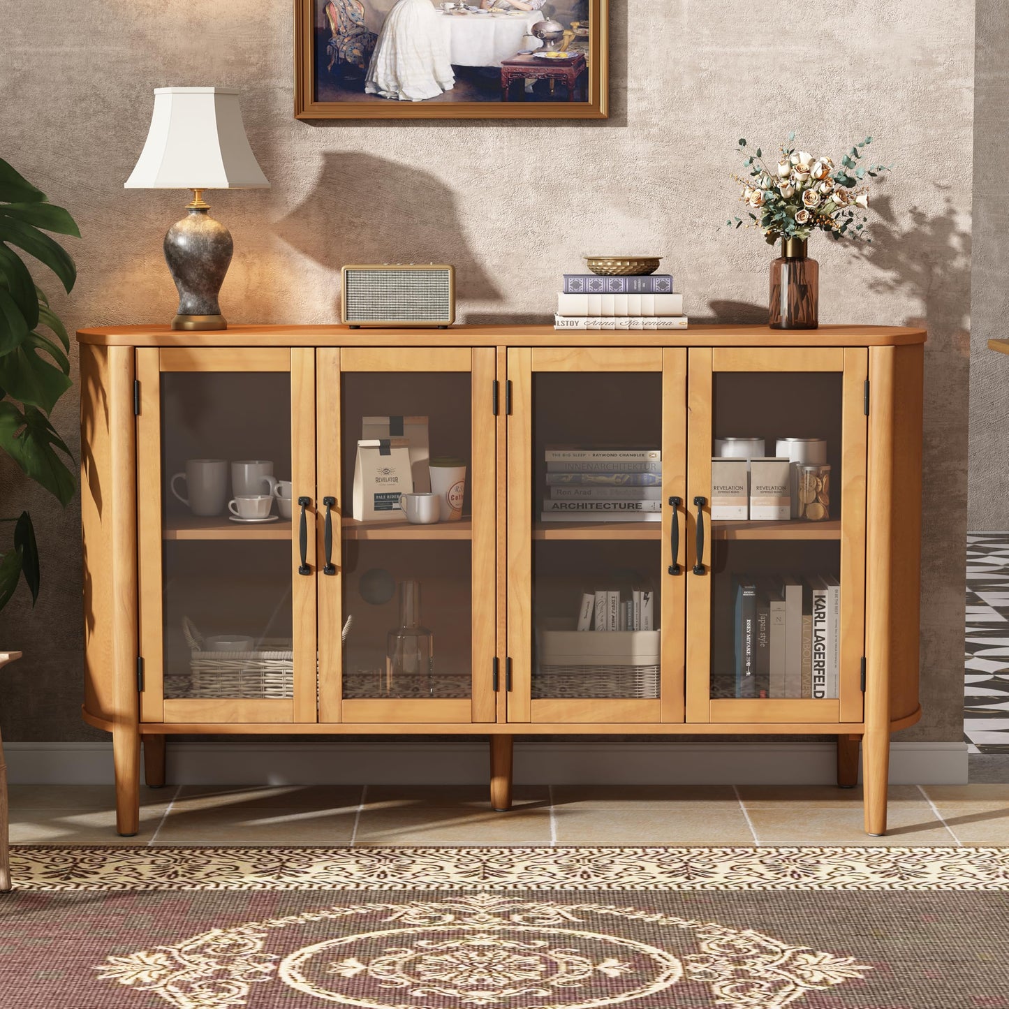 Christopher Knight Home Eileen Modern Storage Cabinet with 4 Doors, Large Size Buffet Cabinet with Storage and Adjustable Shelf, Wooden Sideboard Cabinet for Dining Room/Kitchen/Living Room, Natural