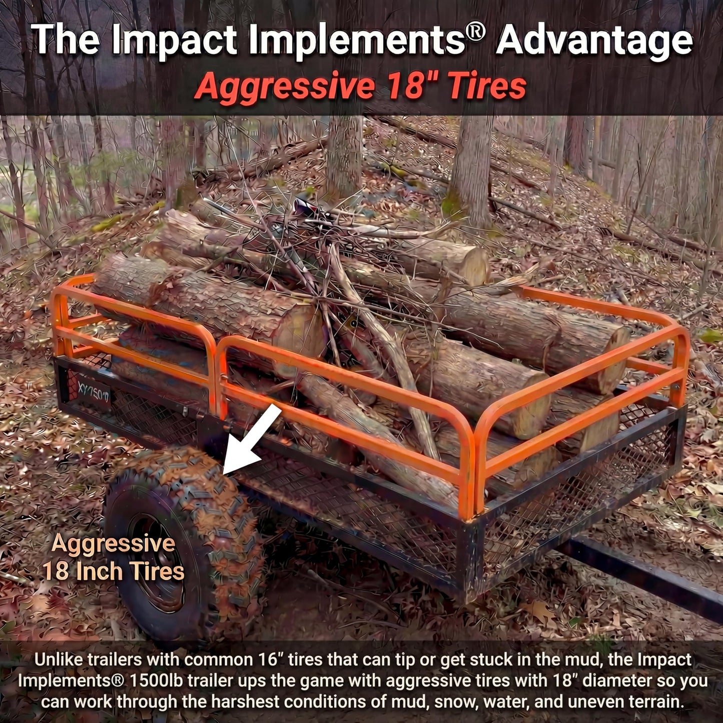 Impact IMPLEMENTS® 1500lb ATV/UTV/Tractor Trailer with Solid Steel Floor, Aggressive Tires, & Pivoting Tongue. Great for Agricultural Use & Land Management. Designed in Trademarked in The USA!