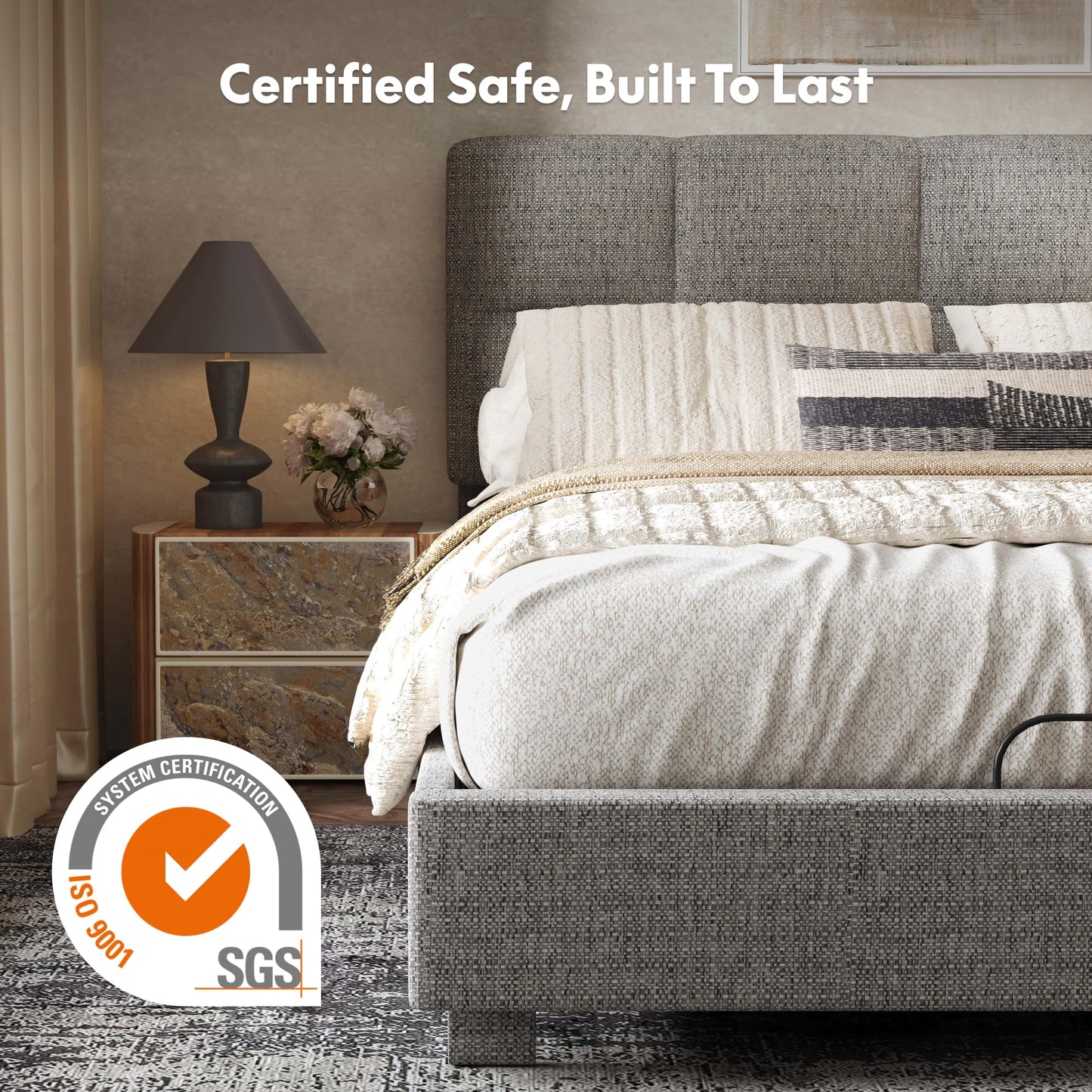 FLEXISPOT Adjustable Bed Frame Queen with Upholstered Square-Tufted Headboard and Footboard, Synchronized Head & Foot Lift, All-in-One, Design, 5-Year Motor & 10-Year Frame Warranty, Light Grey
