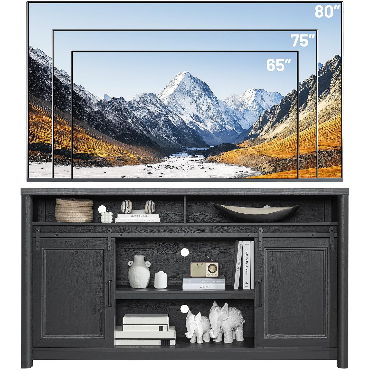 Farmhouse TV Stand for Living Room, Large Black Entertainment Center with Storage, TV Console for Bedroom, TV Stand with Sliding Barn Door Television Stands for 80 Inch TV, 38 Inch Tall Media Cabinet
