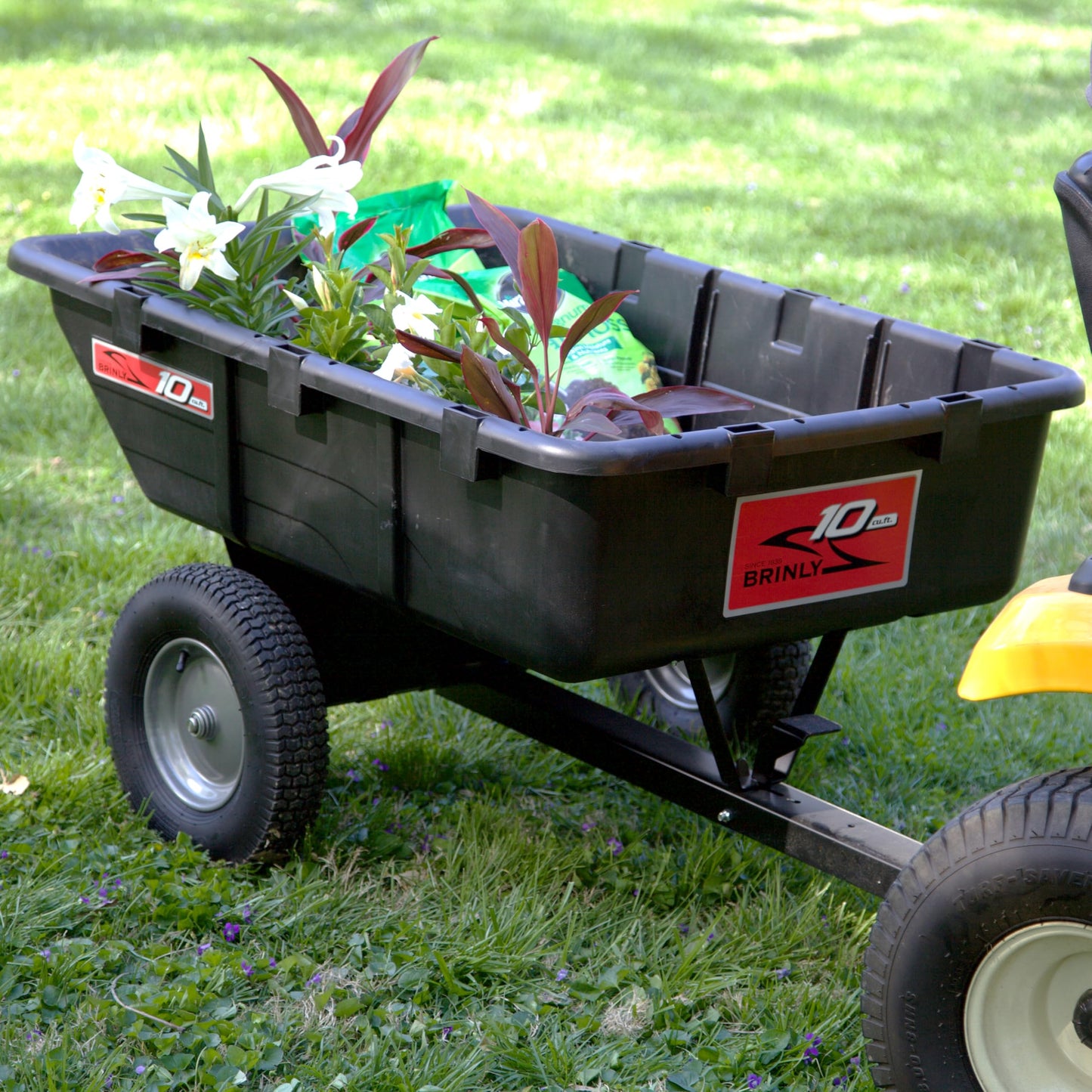 Brinly 10 cu.ft. 650lb Heavy Duty Tow-Behind Poly Utility Cart & Dump Trailer with Magnetic Hitch Pin & Compression Molded Bed