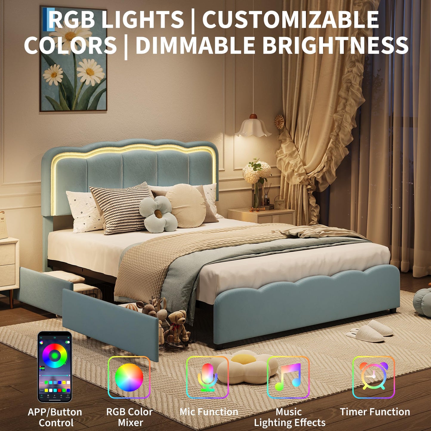 GarveeHome Full LED Bed Frame, Kids Platform Bed with 2 Large Storage Drawers, Velvet Upholstered Princess Bed for Girls & Boys, Wooden Slats Support, No Box Spring Needed, Easy Assembly, Blue