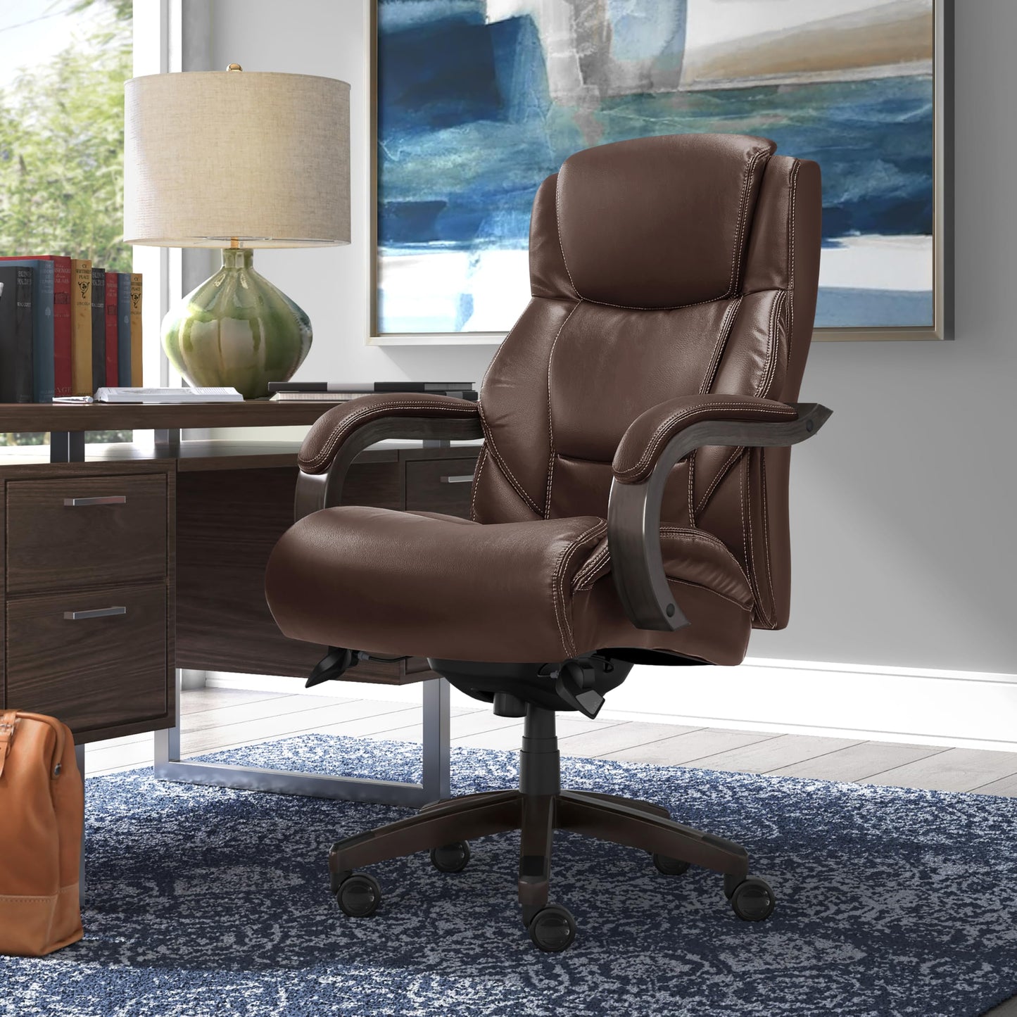 La-Z-Boy Delano Big and Tall Executive Office Chair - Ergonomic Lumbar Support Memory Foam - Bonded Leather Desk Chair for Home Office - Weathered Gray Wood Arms - Brown