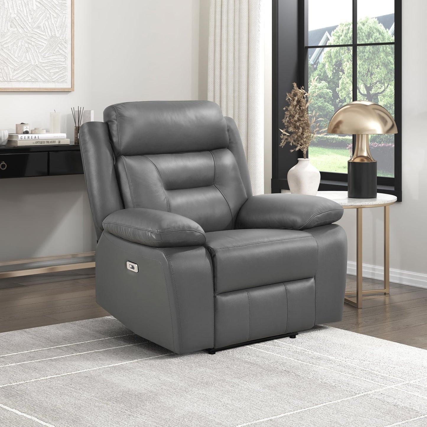 Lexicon Power Recliner Chair for Living Room, Top Grain Leather Match Recliner with Pillow Top Armrests, Home Theater Seating, Wall Hugger Recliners with USB Port, 40" W, Dark Gray