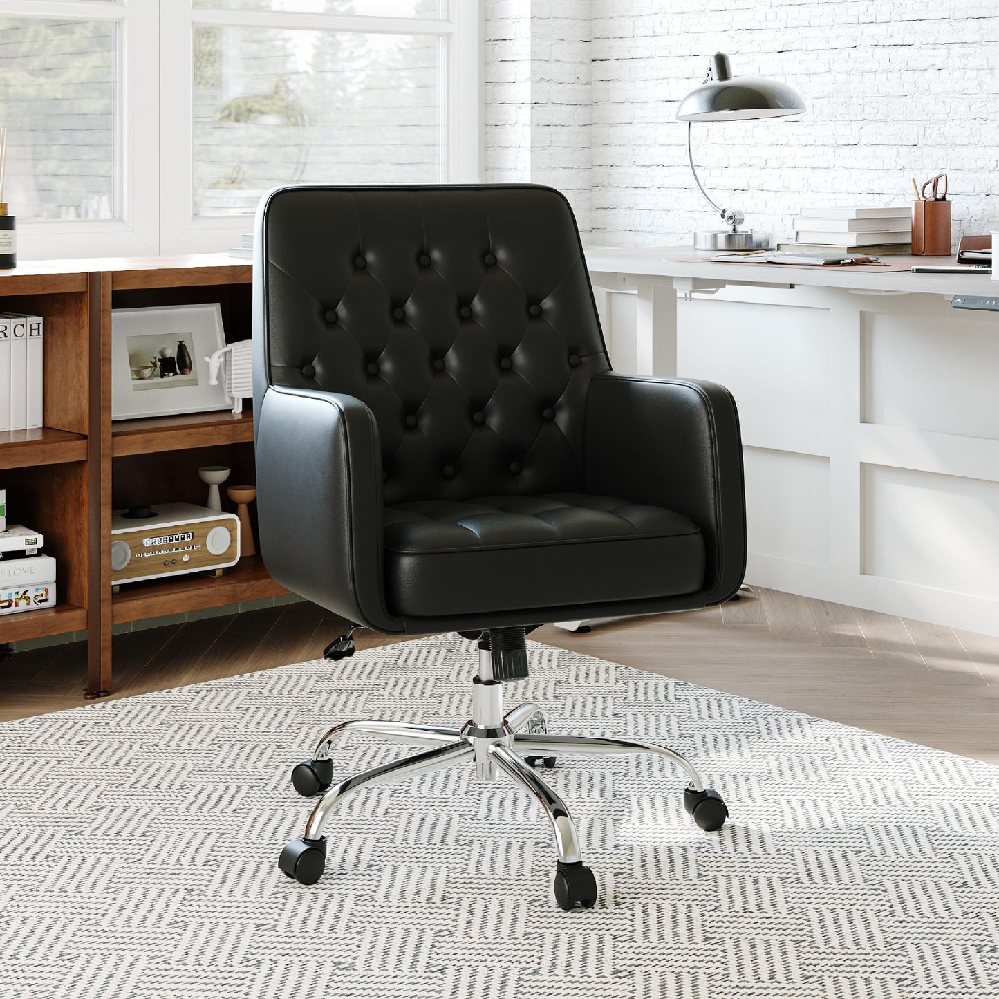 COLAMY Verso Home Desk Chair with Armrest, Leather Swivel Office Chair Adjustment Height with Wheels, Comfortable Padded Seat, Black