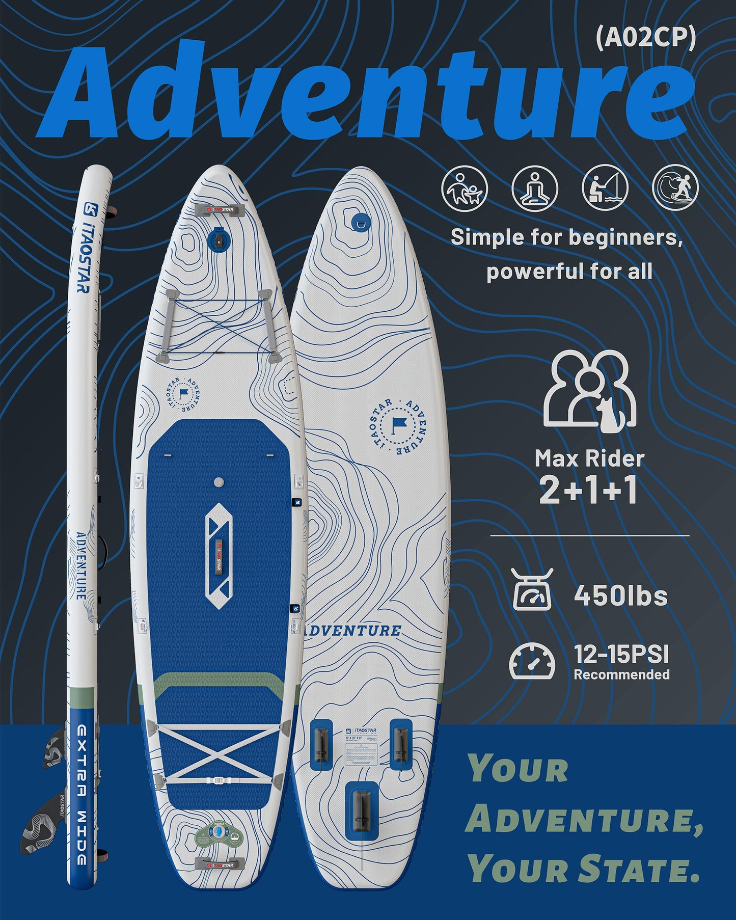 iTAOSTAR Adventure 12' × 35" Inflatable Stand Up Paddle Board with Seat, Extra Wide SUP Board with 5 Fins Stable Design for Familly, Youth, All Skill Levels, Lakes, Oceans & Fishing
