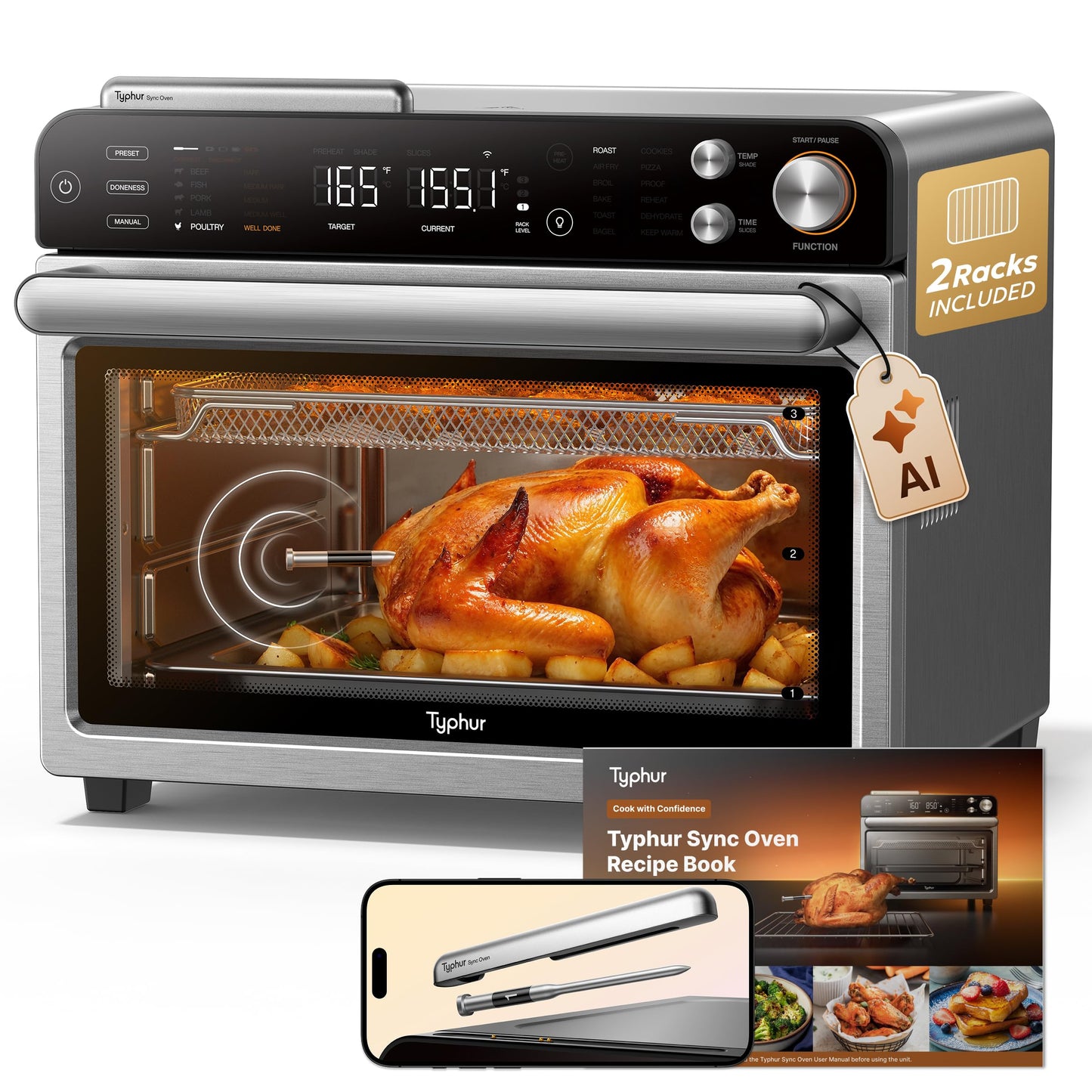 Typhur Sync Oven with Smart Wireless Meat Thermometer Probe, 12‑in‑1 Countertop Airfryer Toaster Oven Combo, 360° Turbo Convection, Dehydrator, Recipes & 5 Accessories, Large 27QT with Extra Wire Rack