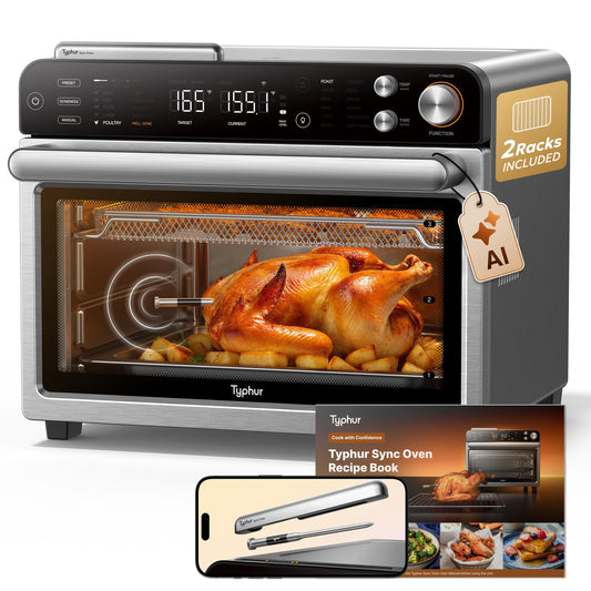 Typhur Sync Oven with Smart Wireless Meat Thermometer Probe, 12‑in‑1 Countertop Airfryer Toaster Oven Combo, 360° Turbo Convection, Dehydrator, Recipes & 5 Accessories, Large 27QT with Extra Wire Rack