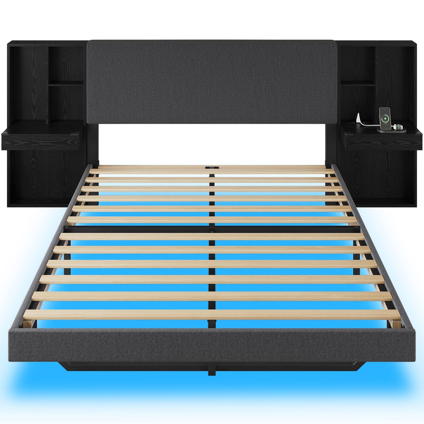 LIKIMIO Modern Queen Bed Frame with Built-in Bookcase Headboard, Floating Upholstered Platform Bed with Storage Shelves and LED Lighting, No Box Spring Needed, Dark Gray/Black