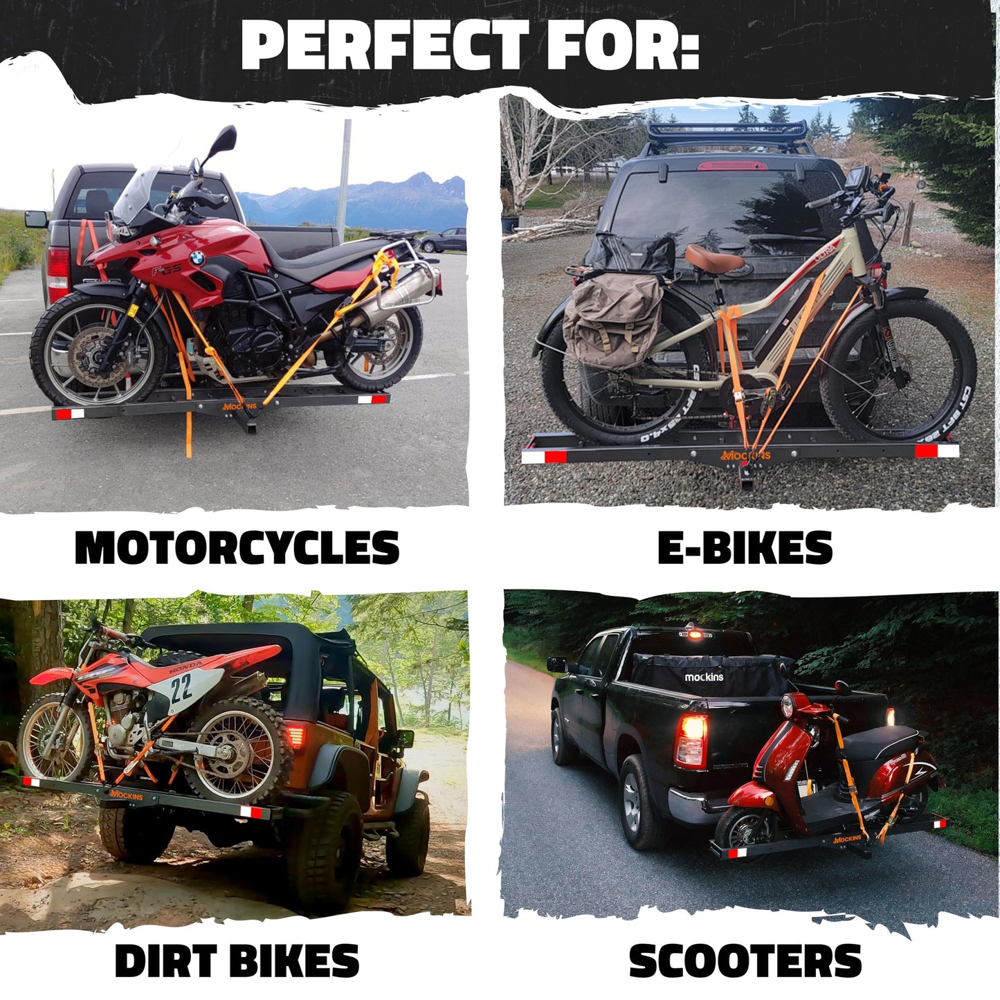 Mockins 500 lbs Capacity Motorcycle Hitch Carrier w/Loading Ramp | 73" Heavy Duty Steel Fat Tire eBike Rack & Dirt Bike Rack for Car Hitch 2" Receivers | Weatherproof Motorcycle Carrier Set