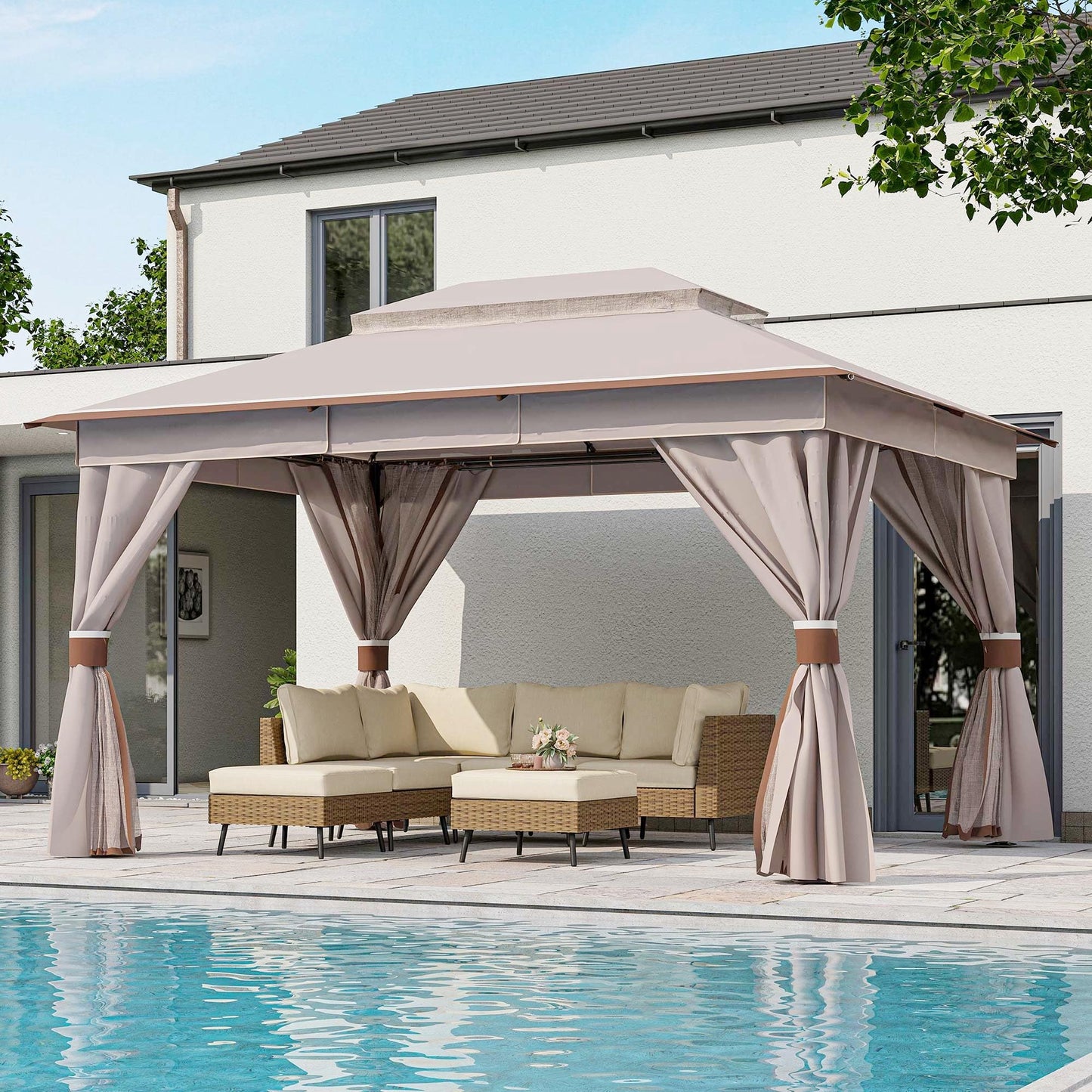 LAUSAINT HOME 10'x13' Outdoor Gazebo, Metal Frame Heavy Duty Patio Canopy Tent Shelter with Double Roofs, Mosquito Nettings and Privacy Screens for Backyard, Garden, Lawn, Classic Khaki