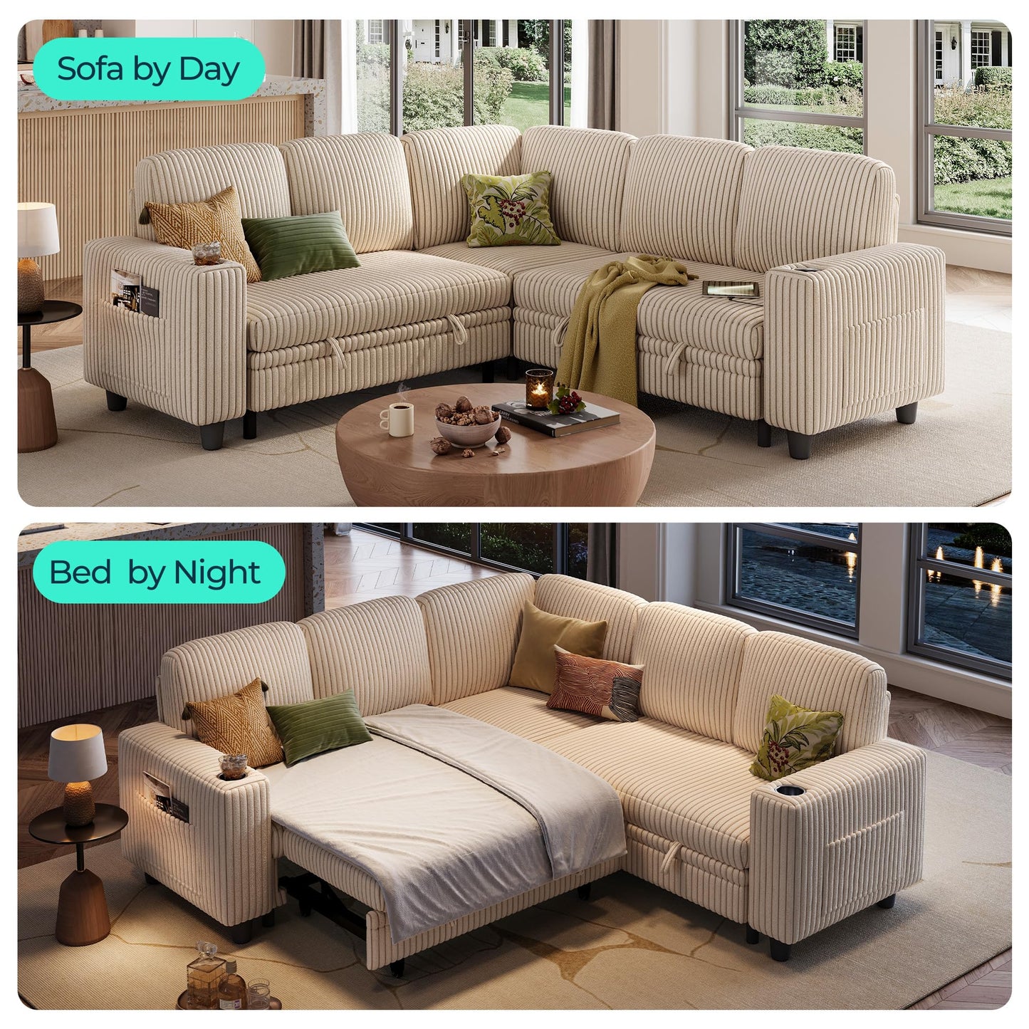 LINSY HOME Sectional Sofa with Pull Out Bed, 5 Seats Corduroy Reversible Sleeper Sofa with Storage Seats, USB Ports, Cup Holders, Side Pocket, Sectional Couches for Living Room