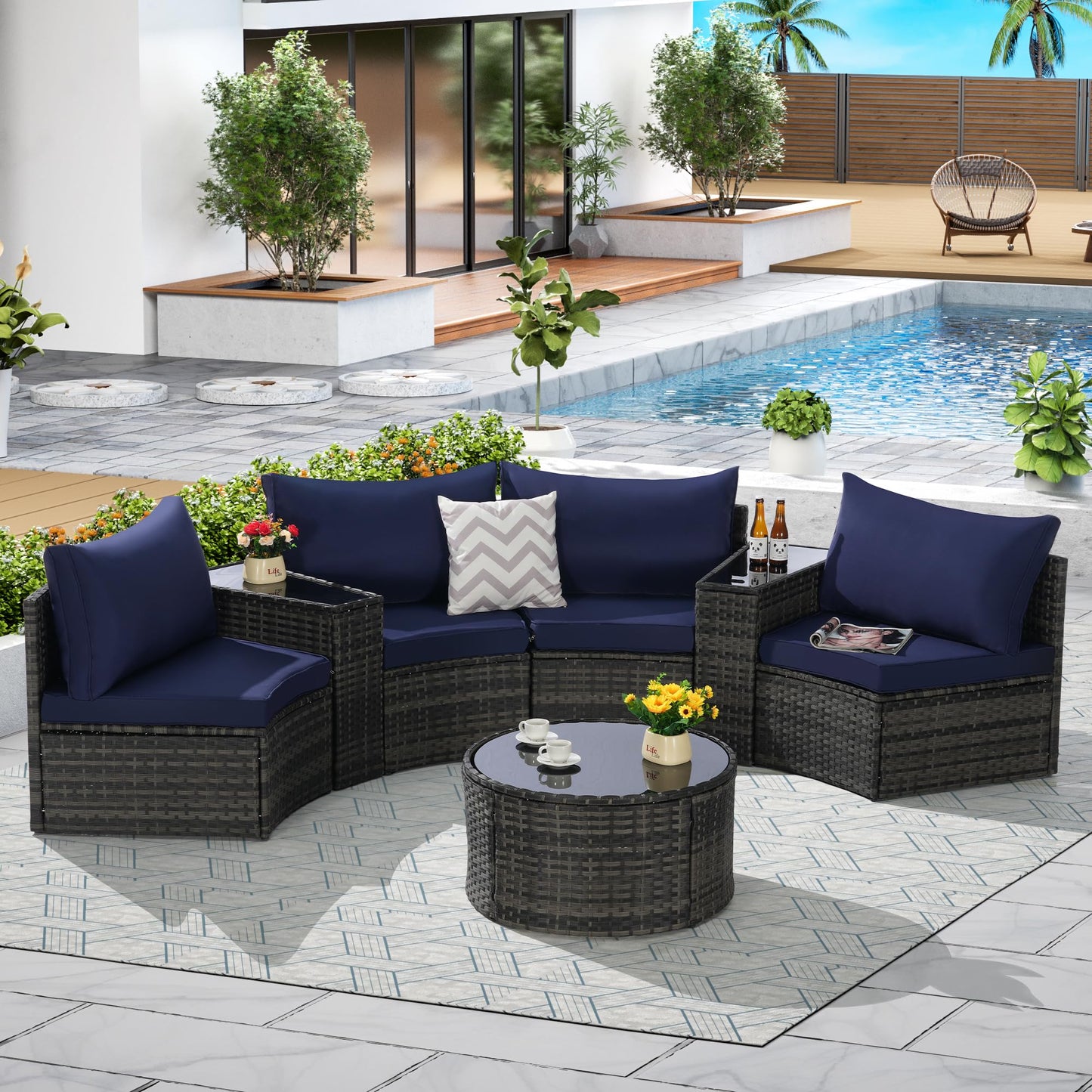 KEIKI Outdoor Patio Furniture 7-Piece Half-Moon Curved Sectional Sofa Set, All-Weather Wicker Patio Conversation Set with Round Coffee Table and 2 Storage Armrests for Poolside Backyard, Dark Blue