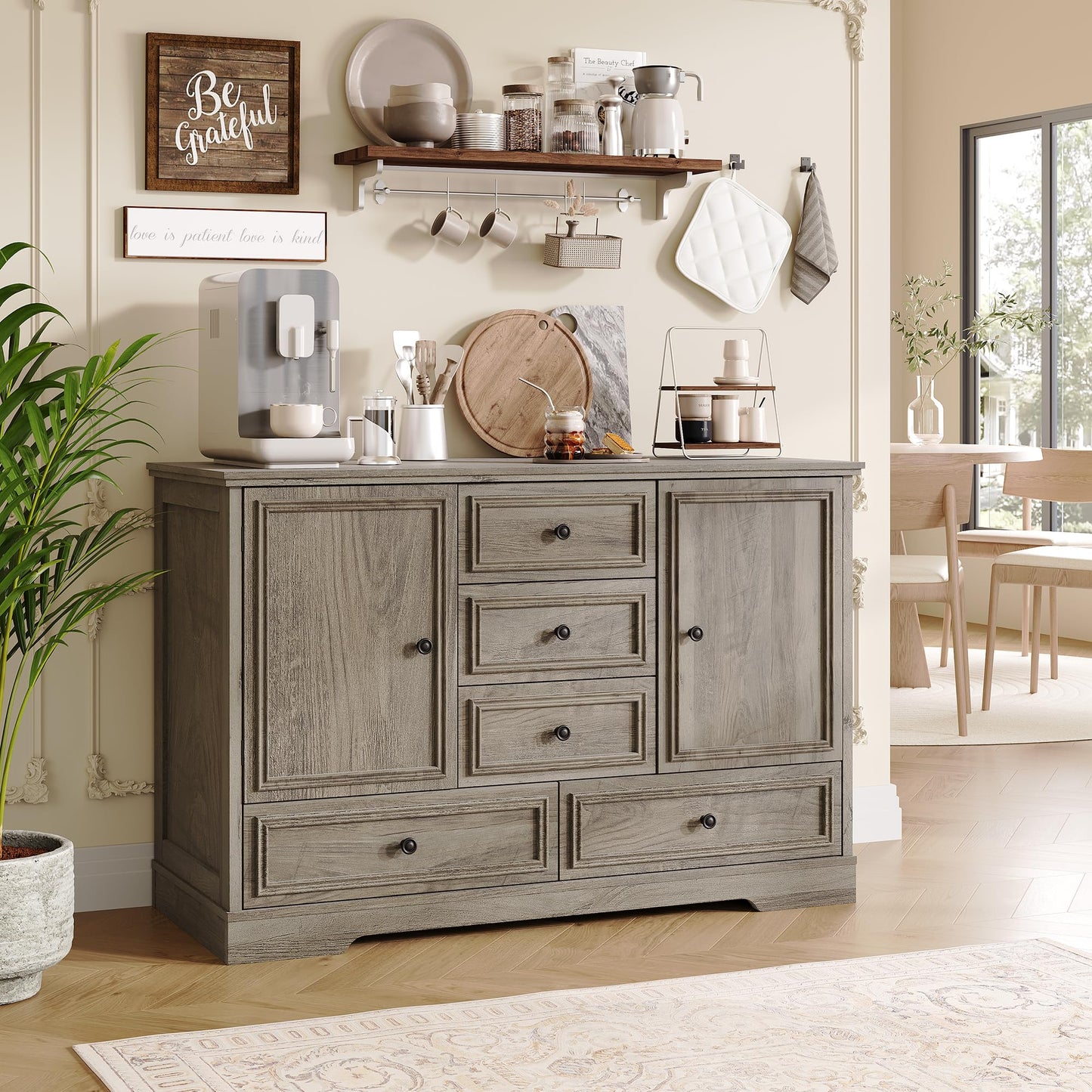 Garvee Farmhouse Sideboard Buffet Cabinet with 5 Drawers and 2 Doors, 47" Kitchen Storage Cabinet, Wood Coffee Bar Cabinet with Adjustable Shelves for Dining Room Living Room, Grey