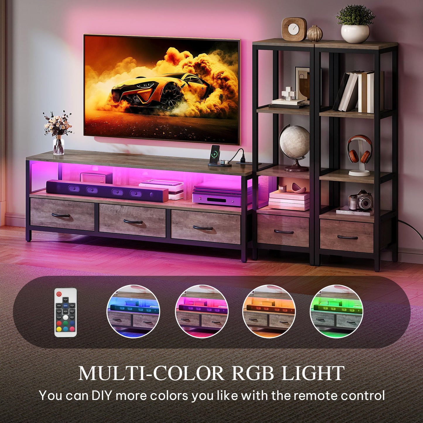 YITAHOME Modern TV Stands for 65 inch TVs, Entertainment Center with Drawers and Bookshelves, LED TV Console Cabinet with Power Outlets for Living Room, Grey