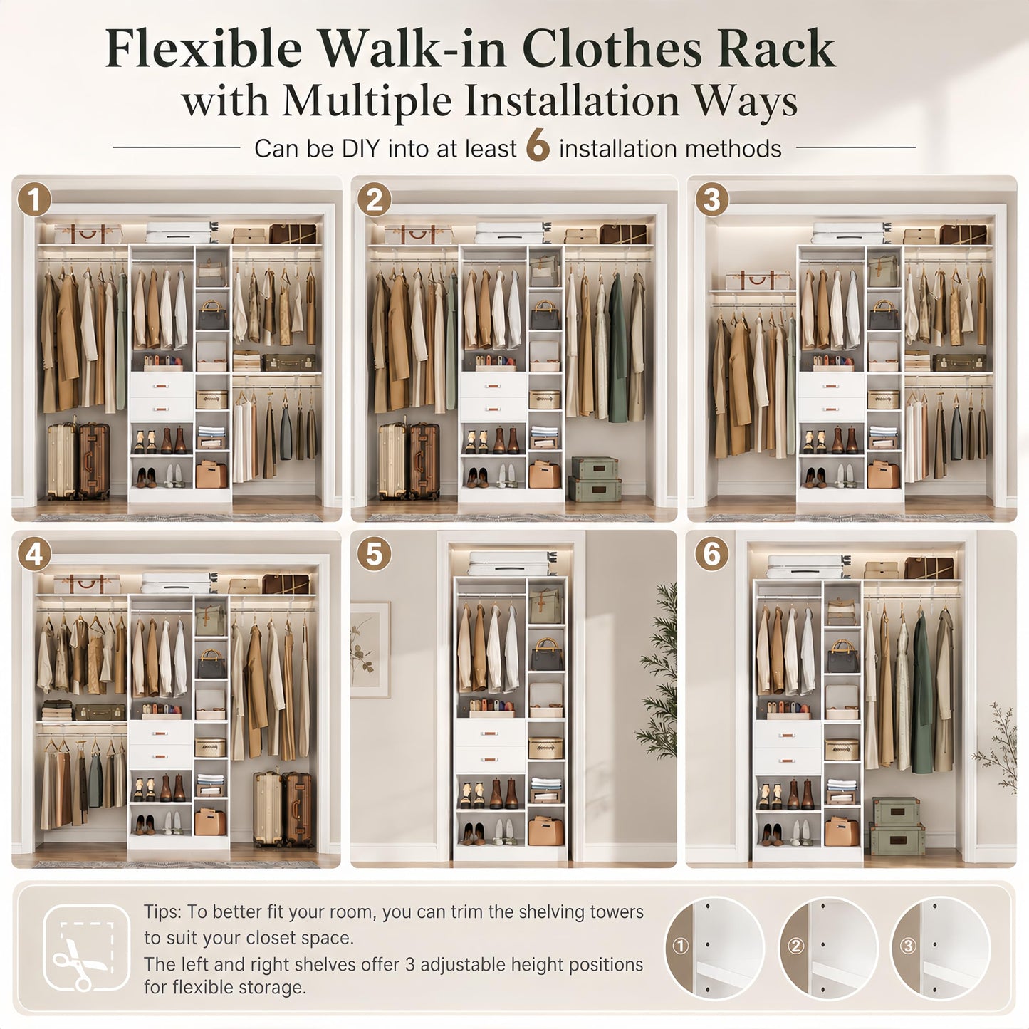 Upgraded 96 Closet System with 18 Storage Place, 8FT Closet Organizers System with 13 Shelves and 2 Wooden Drawers, 96'' Walk-in Closet with 4 Hanging Rods, Adjustable Garment Rack, White